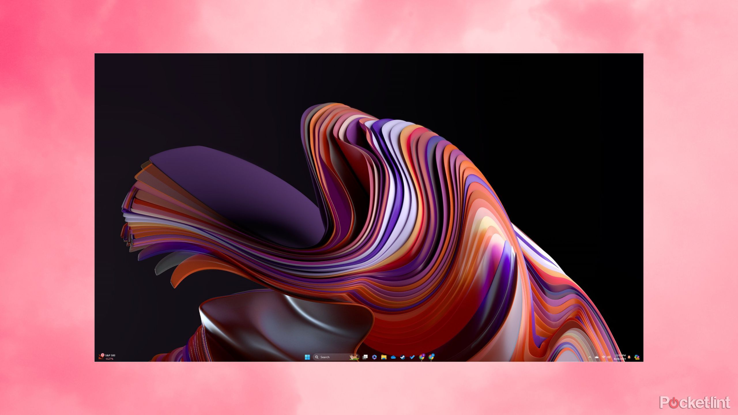 An image of a transparent taskbar in Windows 11 overlayed on a pink background.