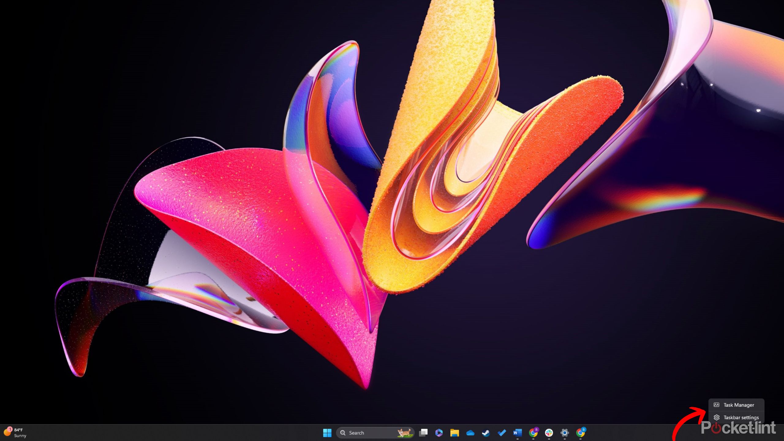 A screenshot showing the Windows 11 desktop with the Taskbar settings menu open.