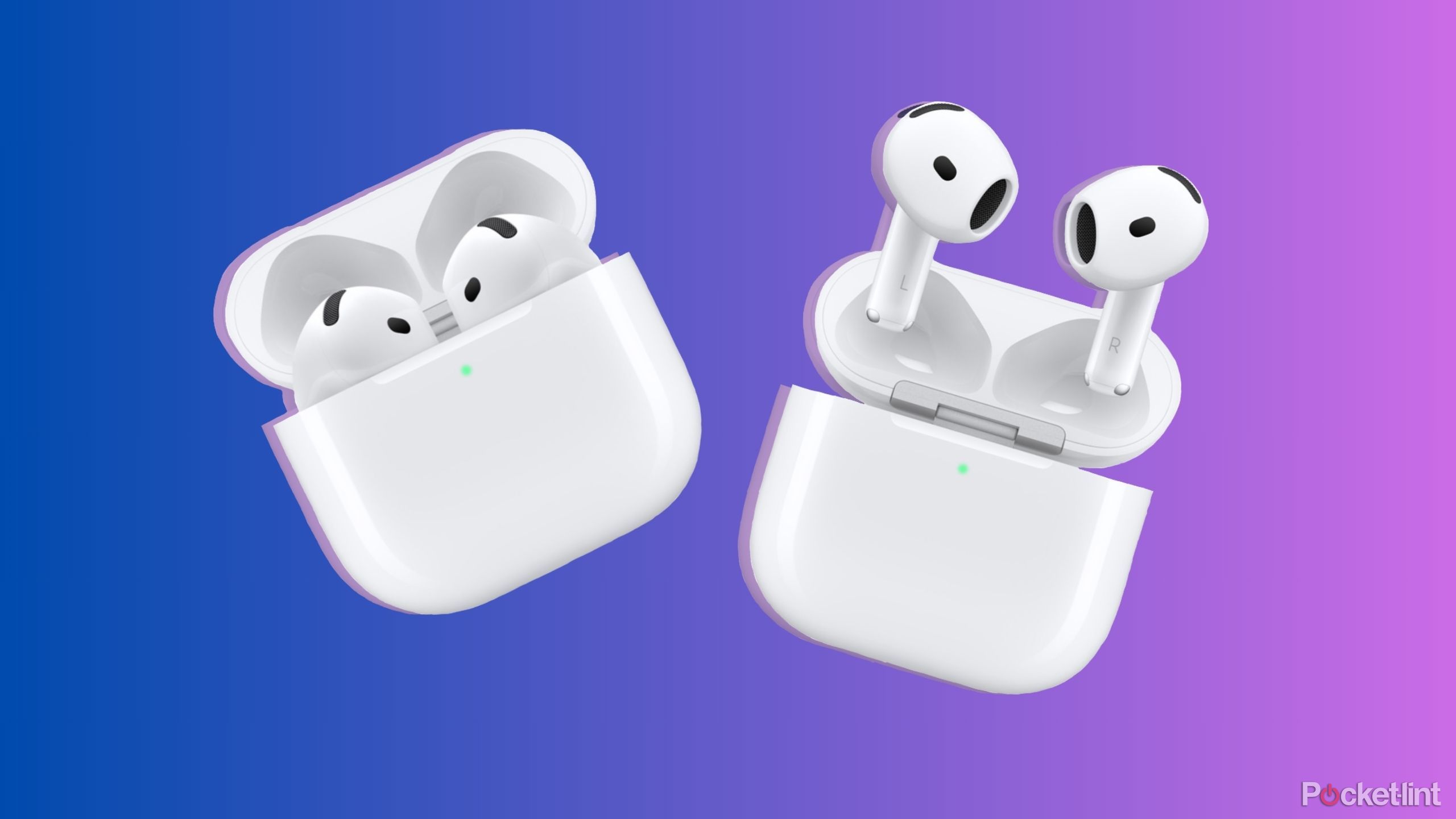 The AirPods 4 and AirPods 4 with Active Noise Cancellation superimposed on a purple gradient background