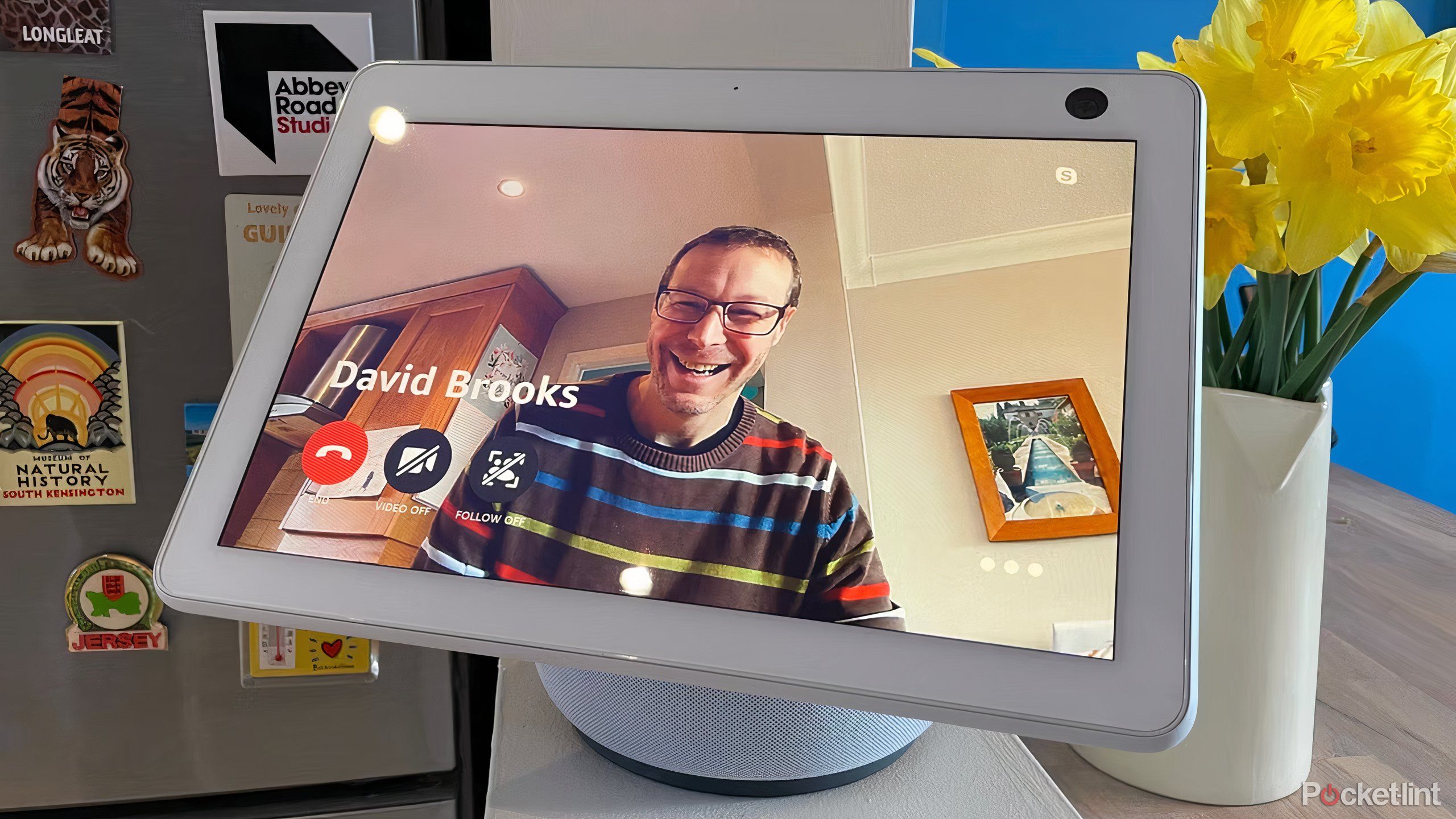 A video call on a white Amazon Echo Show 10 smart display.