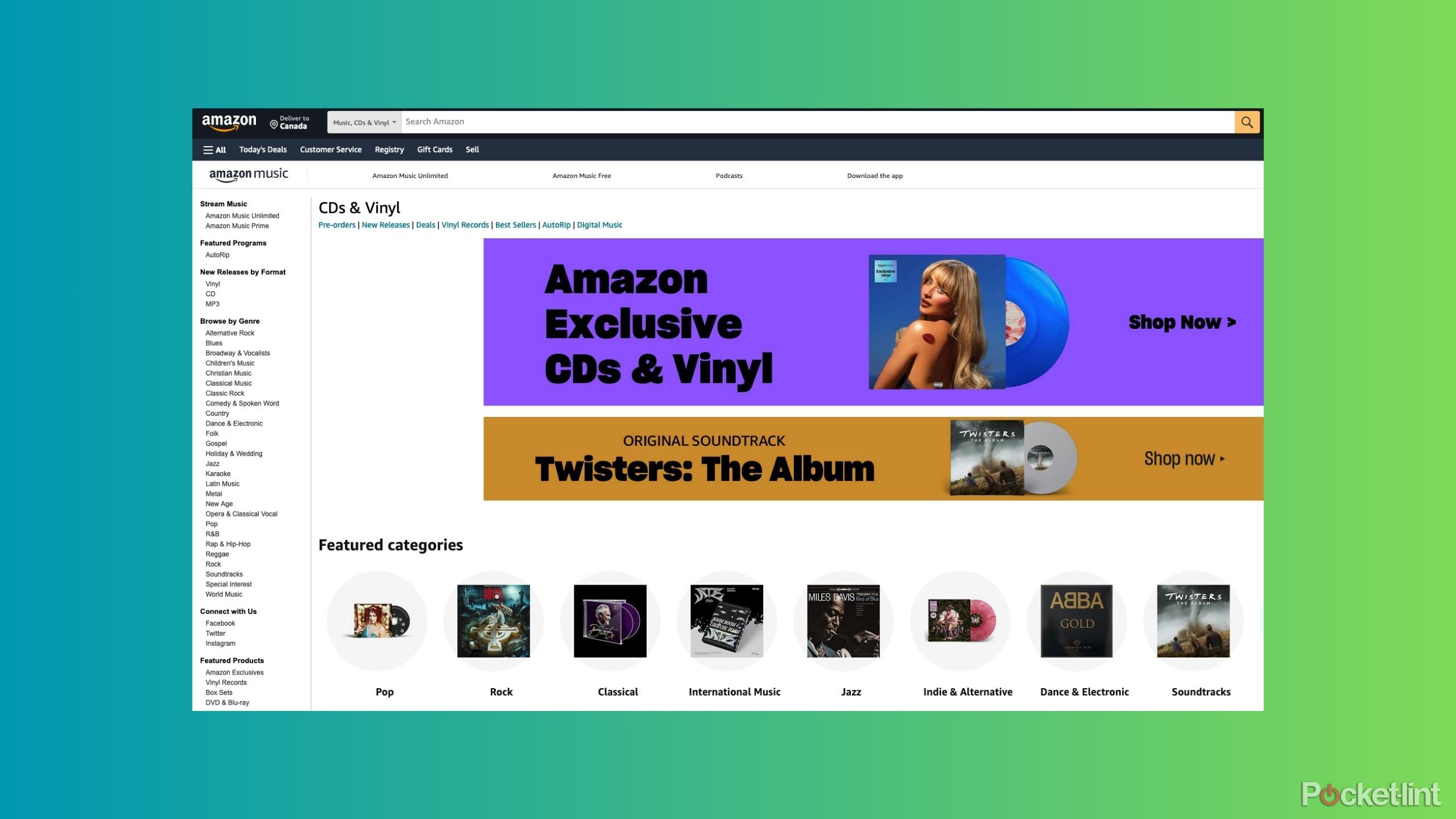 The CD and vinyl section of Amazon, showing various categories of music to choose from