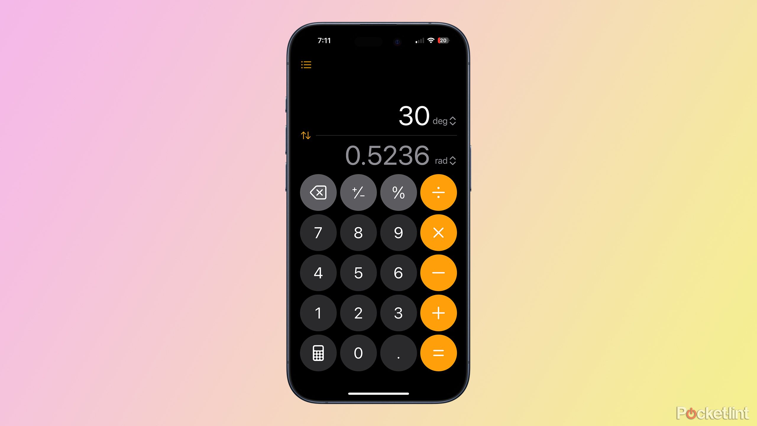 Convering degrees to radians in Calculator app in iOS 18