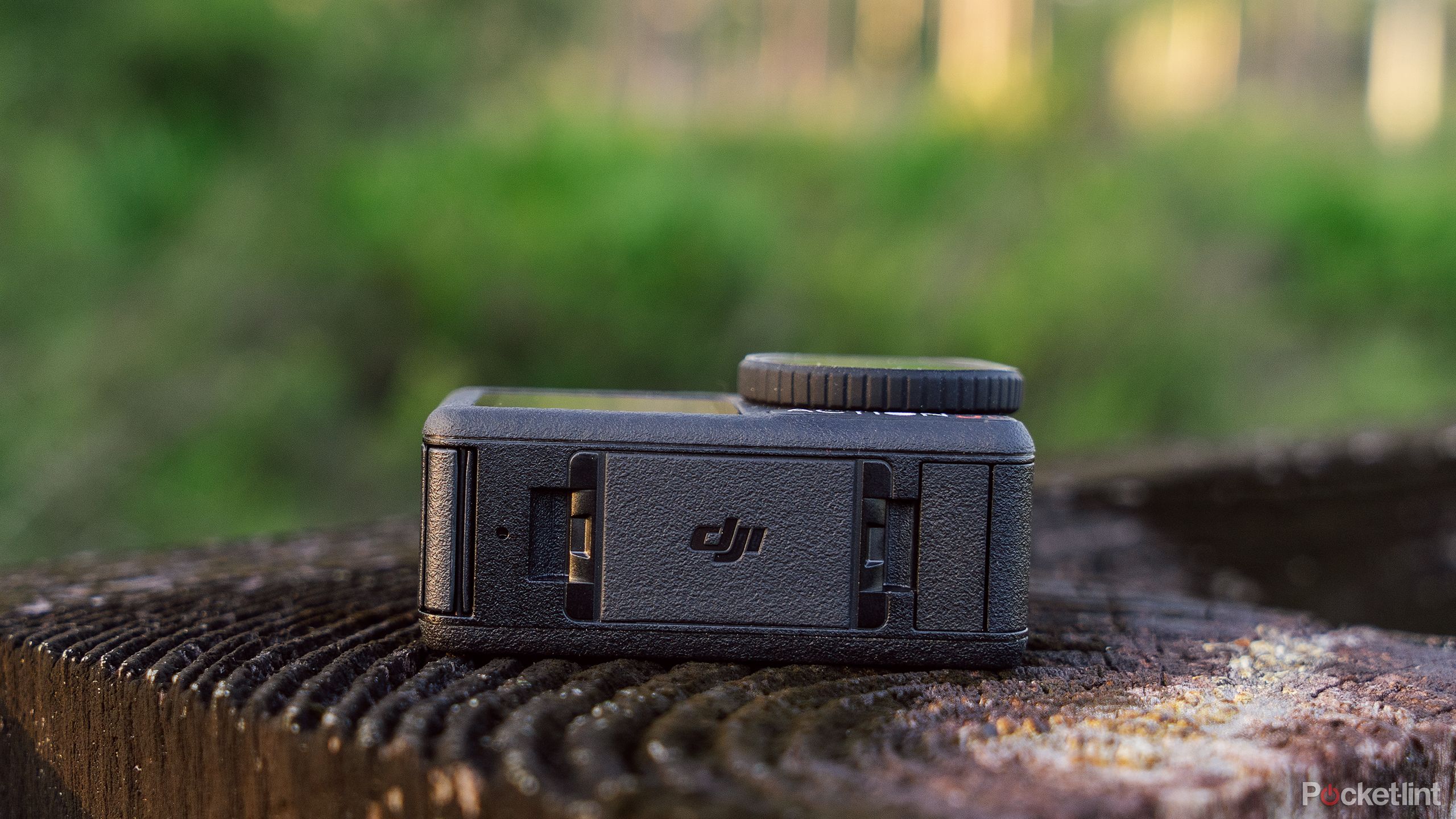 The DJI Osmo Action 5 Pro sits on a weathered fence post in front of a blurred green forest. 