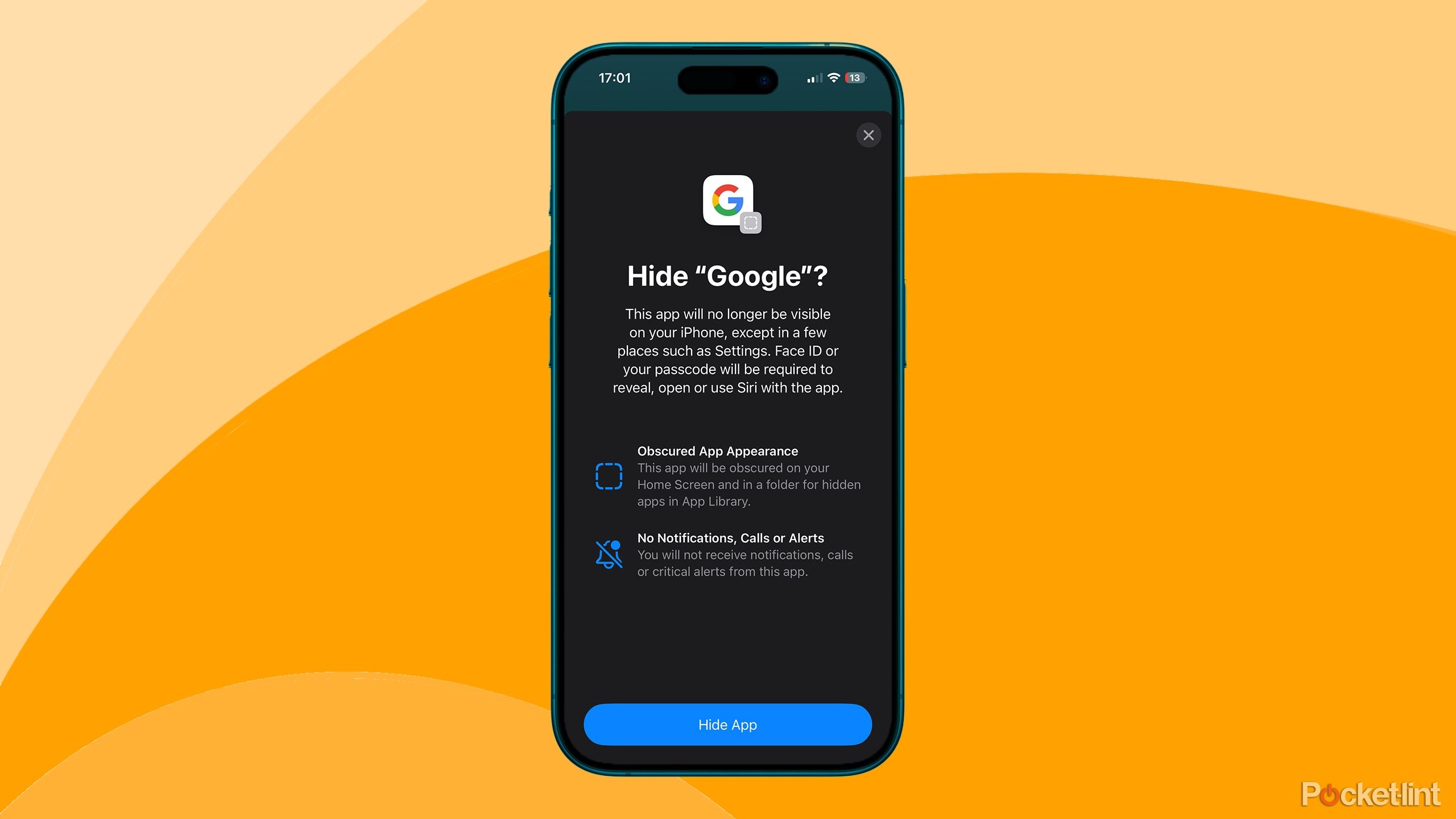 Hide Google app in iOS 18 on iPhone 15 Pro on colored background