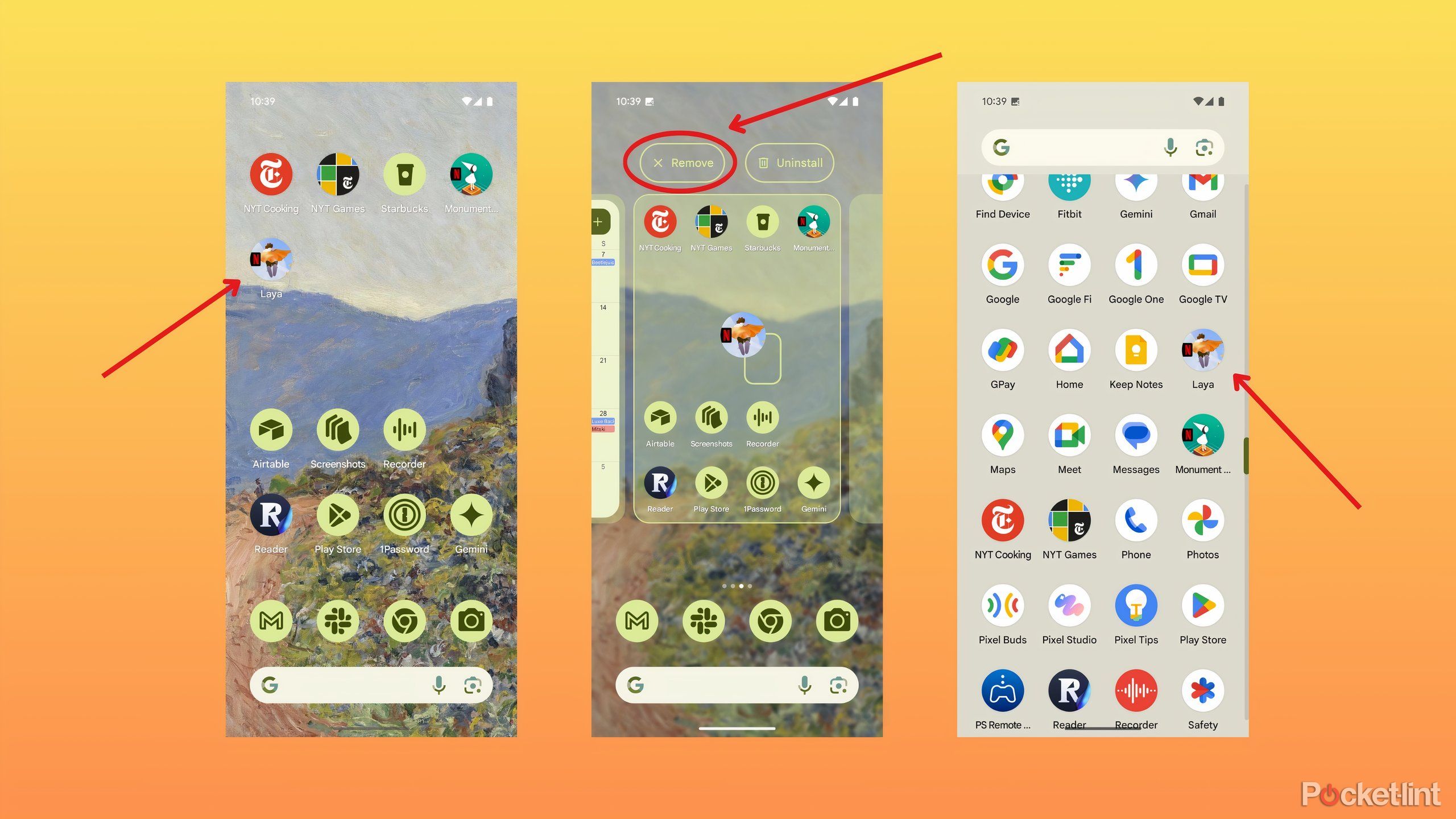 Screenshot of the process of deleting an app from the home screen on Android.