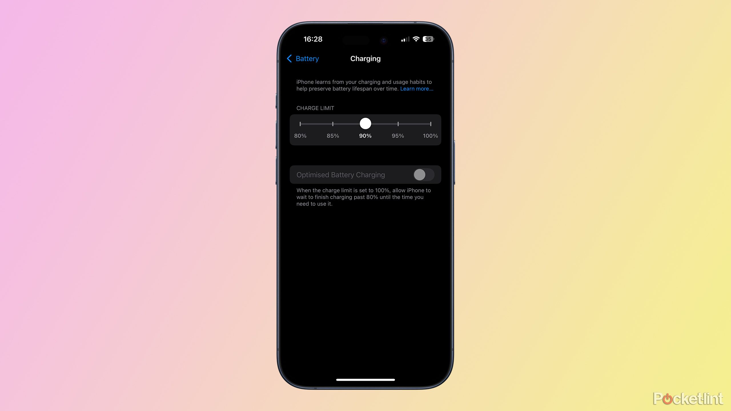 iPhone Charge Limit set to 90% in iOS 18