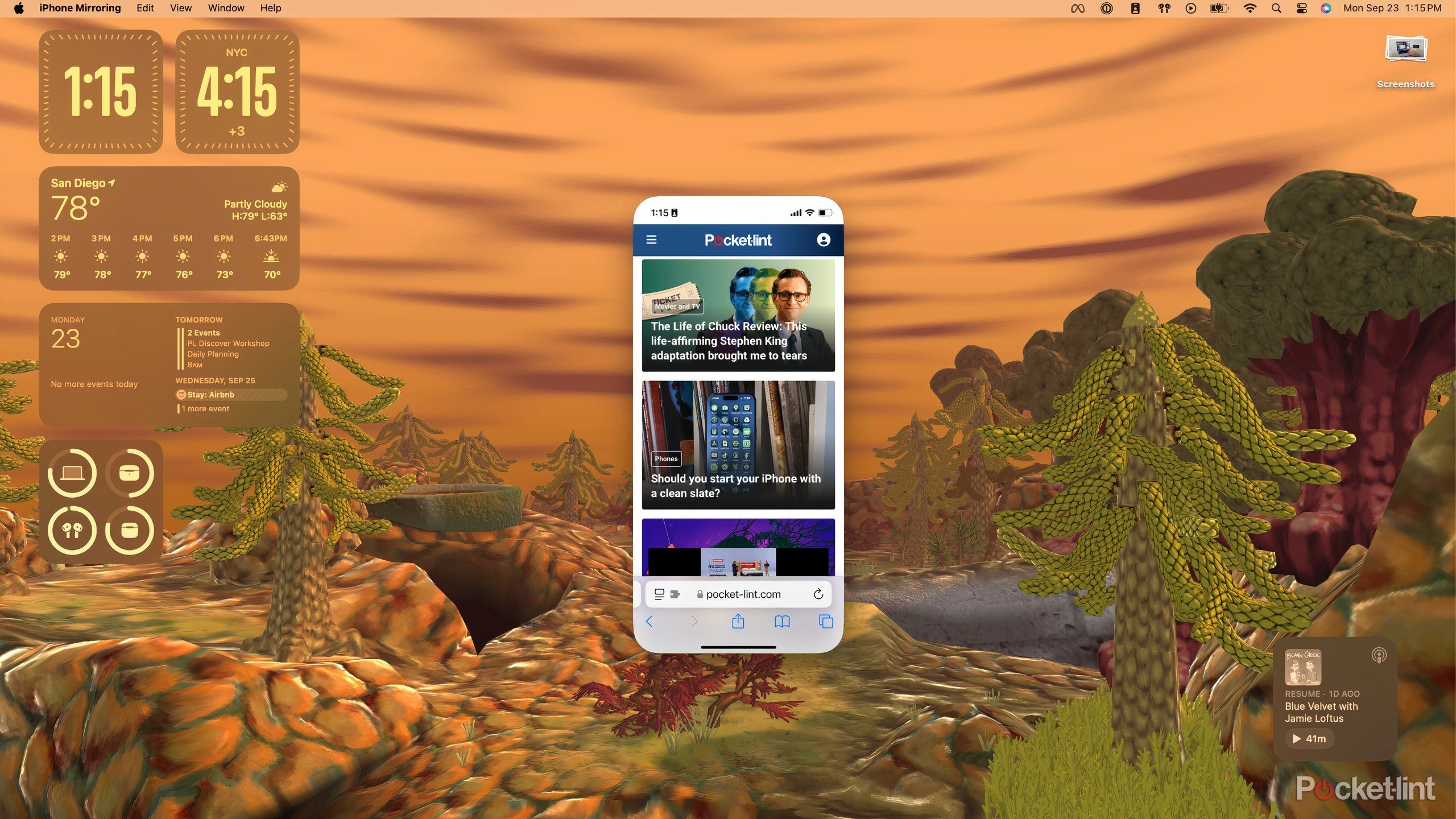 An iPhone 13 mini mirrored on a MacBook Pro running macOS, showing pocket-lint.com.