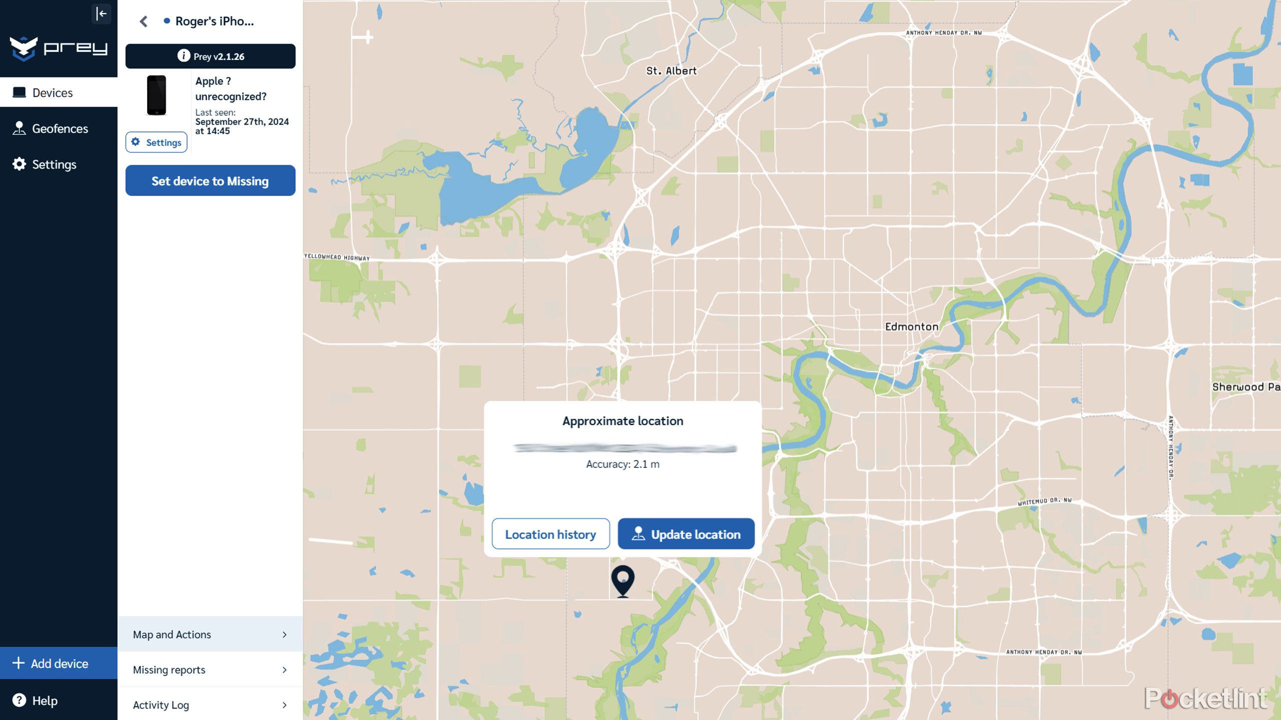 Tracking an iPhone using the Prey app.