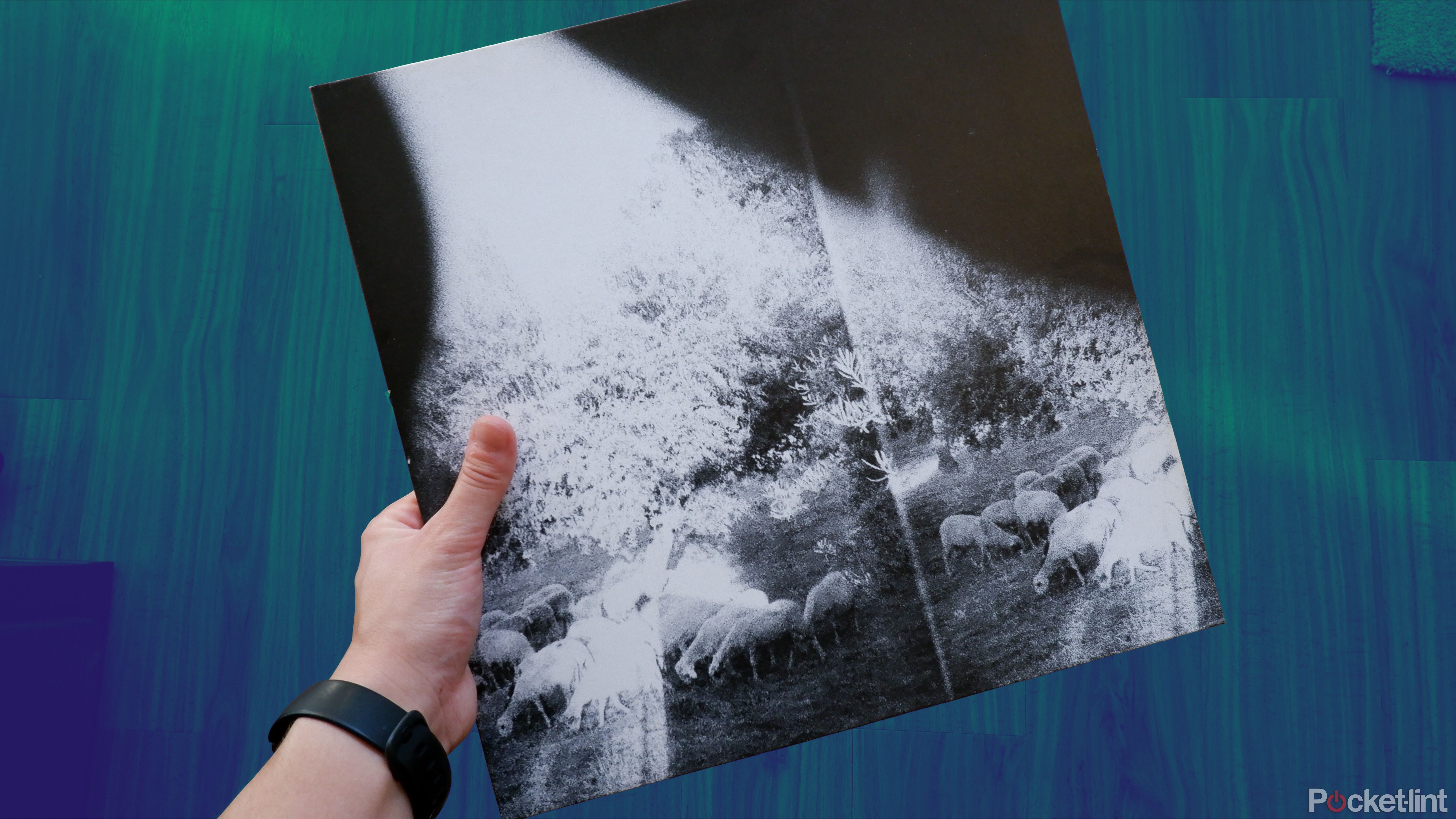 A Godspeed You Black Emperor record being held over a wooden floor