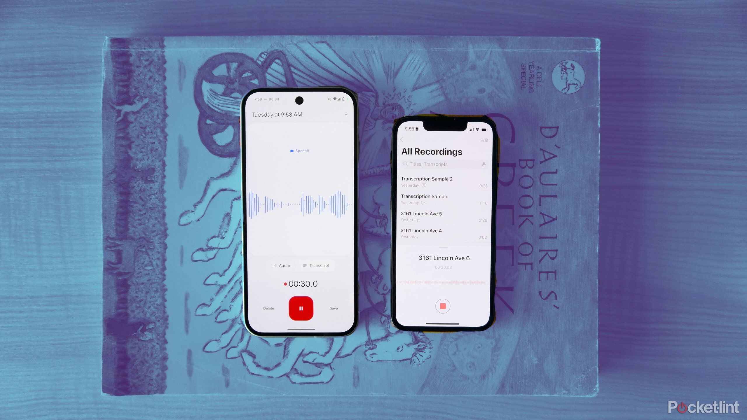 A Pixel 9 running Recorder on a blue background next to an iPhone 13 mini running Voice Memos.