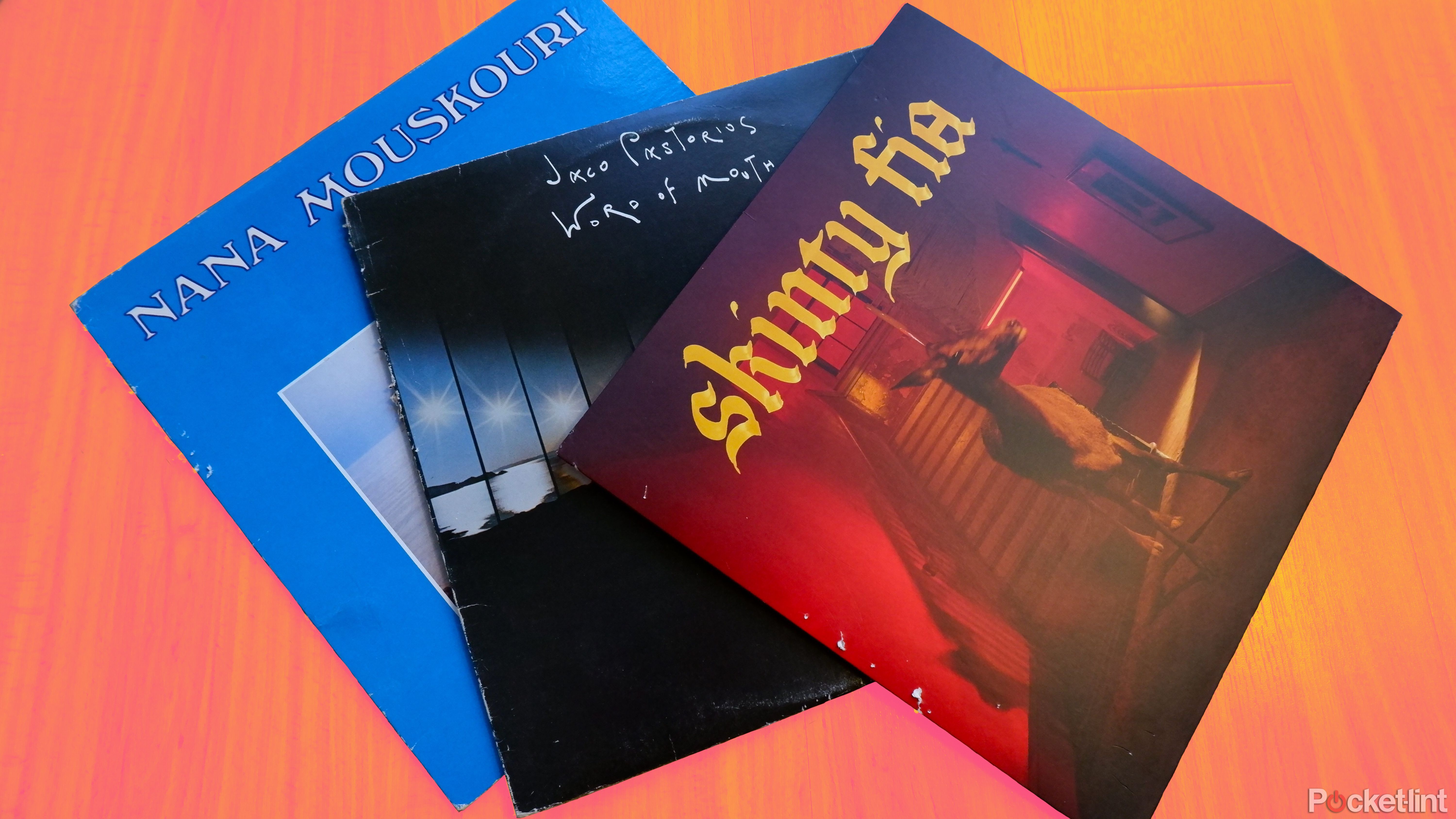 Three records in their jackets on a wooden floor, from left to right: Nana Mouskouri's Athina, Jaco Pastorius' Word of Mouth, and Fontaines DC's Skinty Fia.