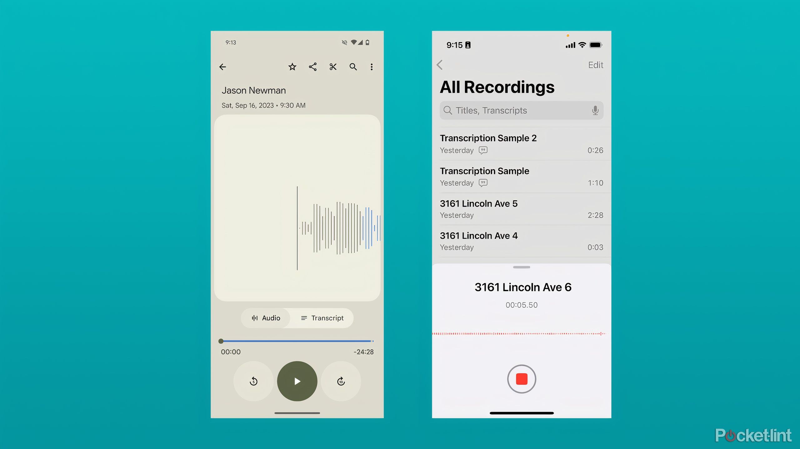 The recording screen in Recorder and Voice Memos, with pause button and audio waveform.