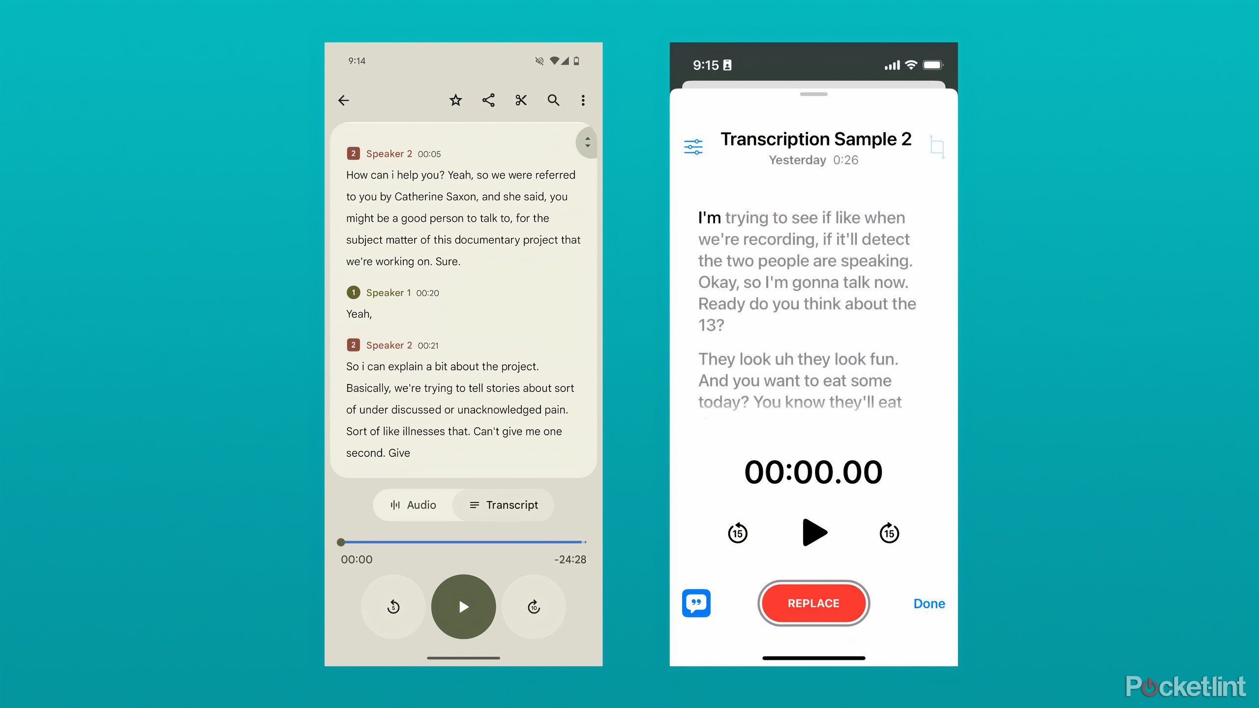 The transcripts in Recorder and Voice Memos, with playback controls at the bottom.