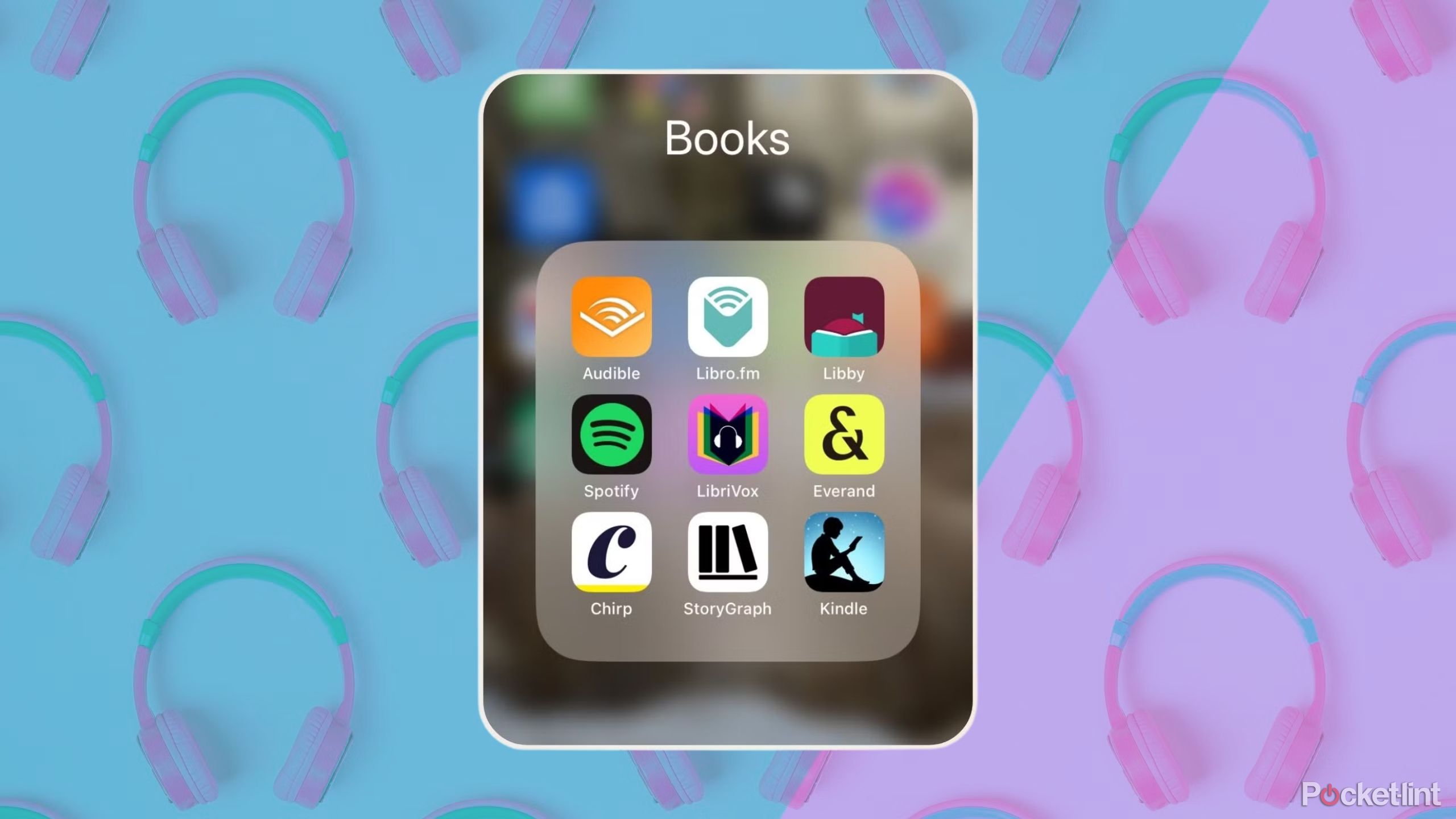 Audiobook apps group in a folder in iOS against a wall of headphones. 