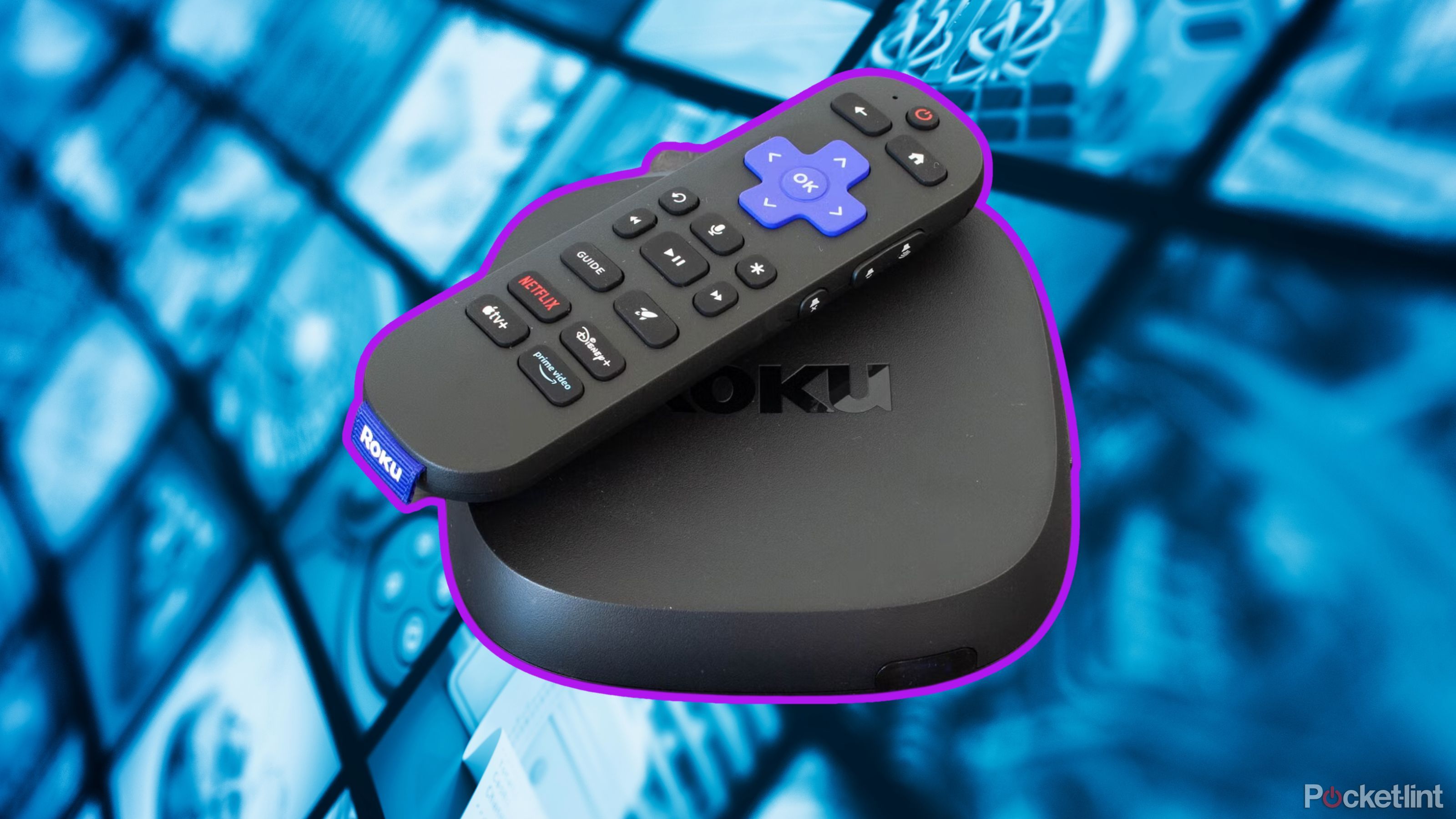 Roku Ultra 2 stacked with a remote against a screen of channels. 