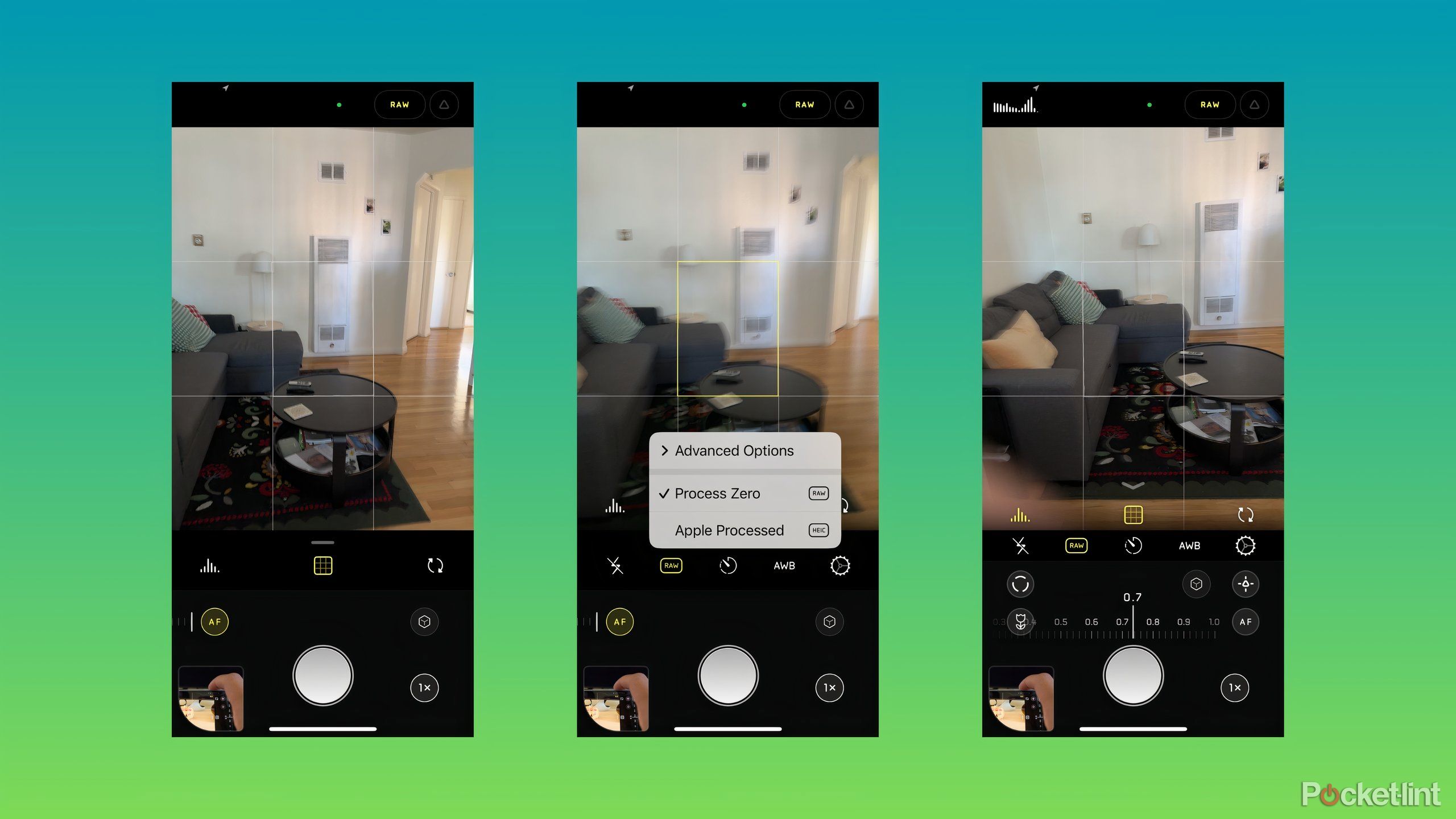 Halide's main camera interface. You'll see processing options in the center and focus settings on the right.