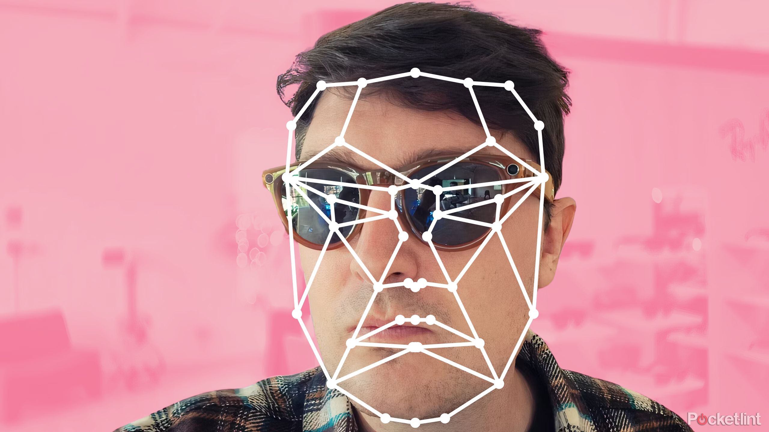 A man wearing Ray-Ban Meta smart glasses with facial recognition lines on his face