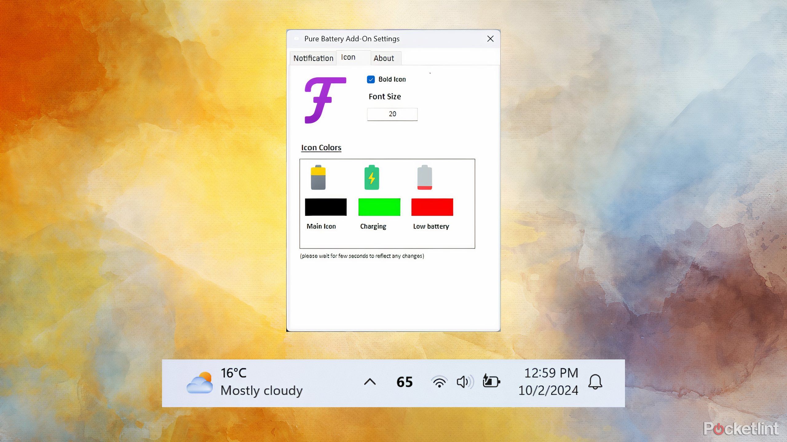 Battery Percentage – Screenshot of the Pure Battery add-on