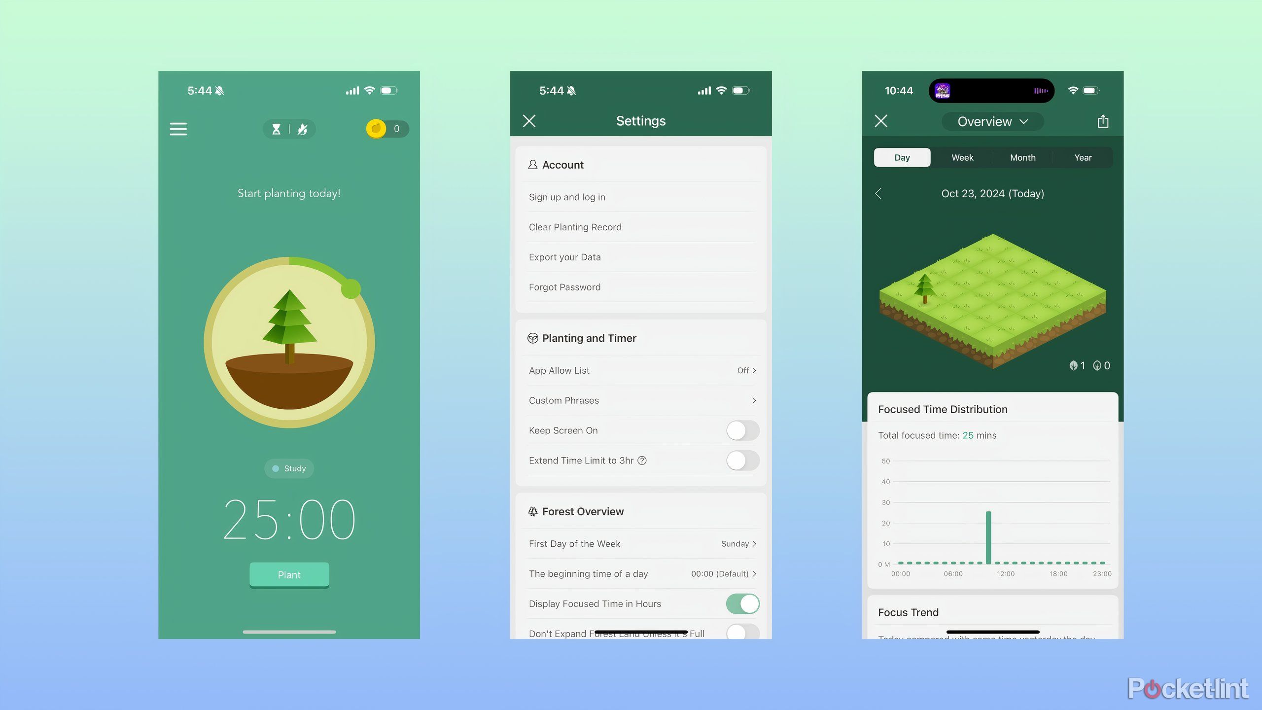 Three screenshots from the Forest app showing the main timer screen, the app's settings, and the start of a forest.