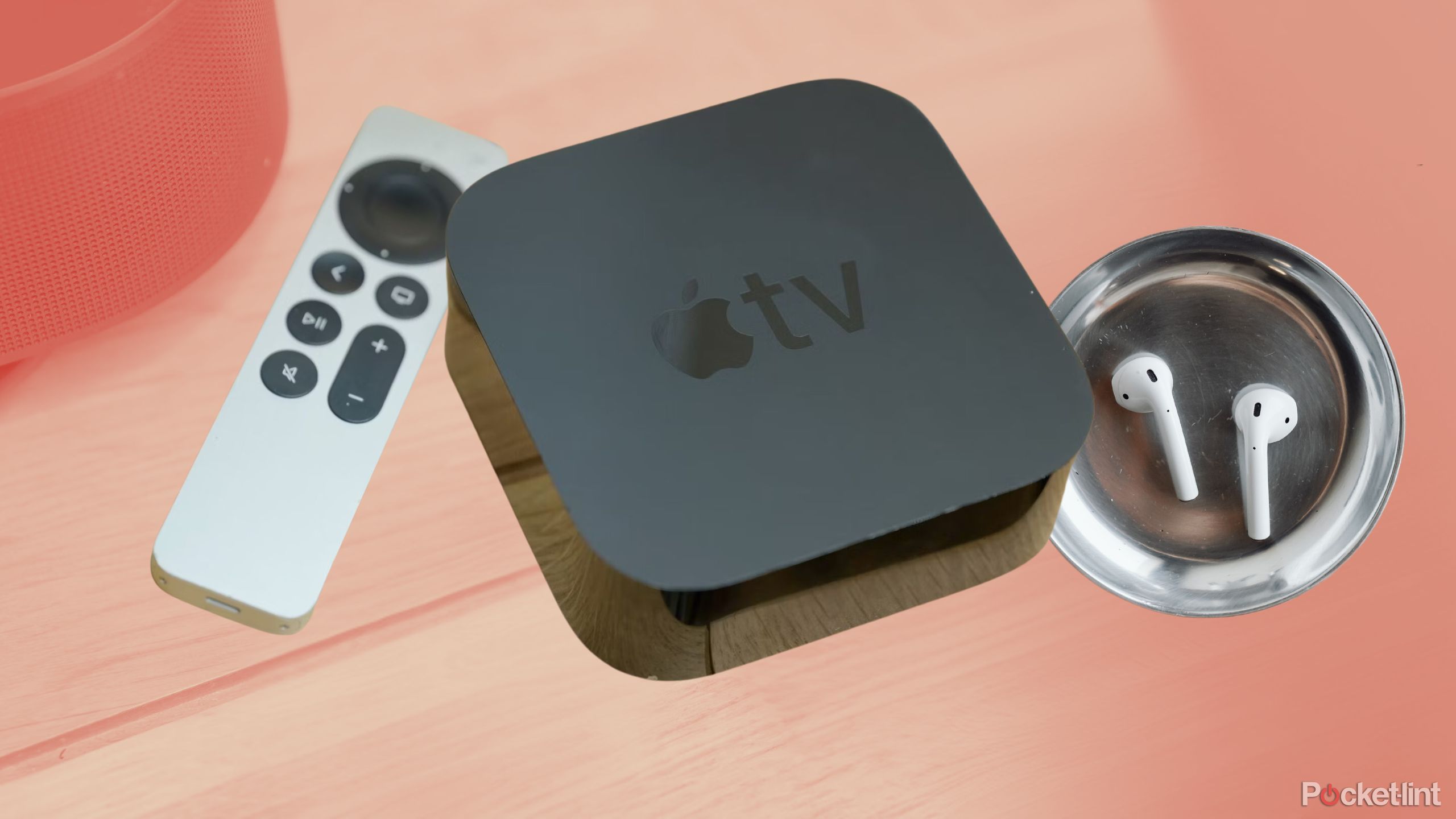 Apple TV, remote, and AirPods in a dish. 