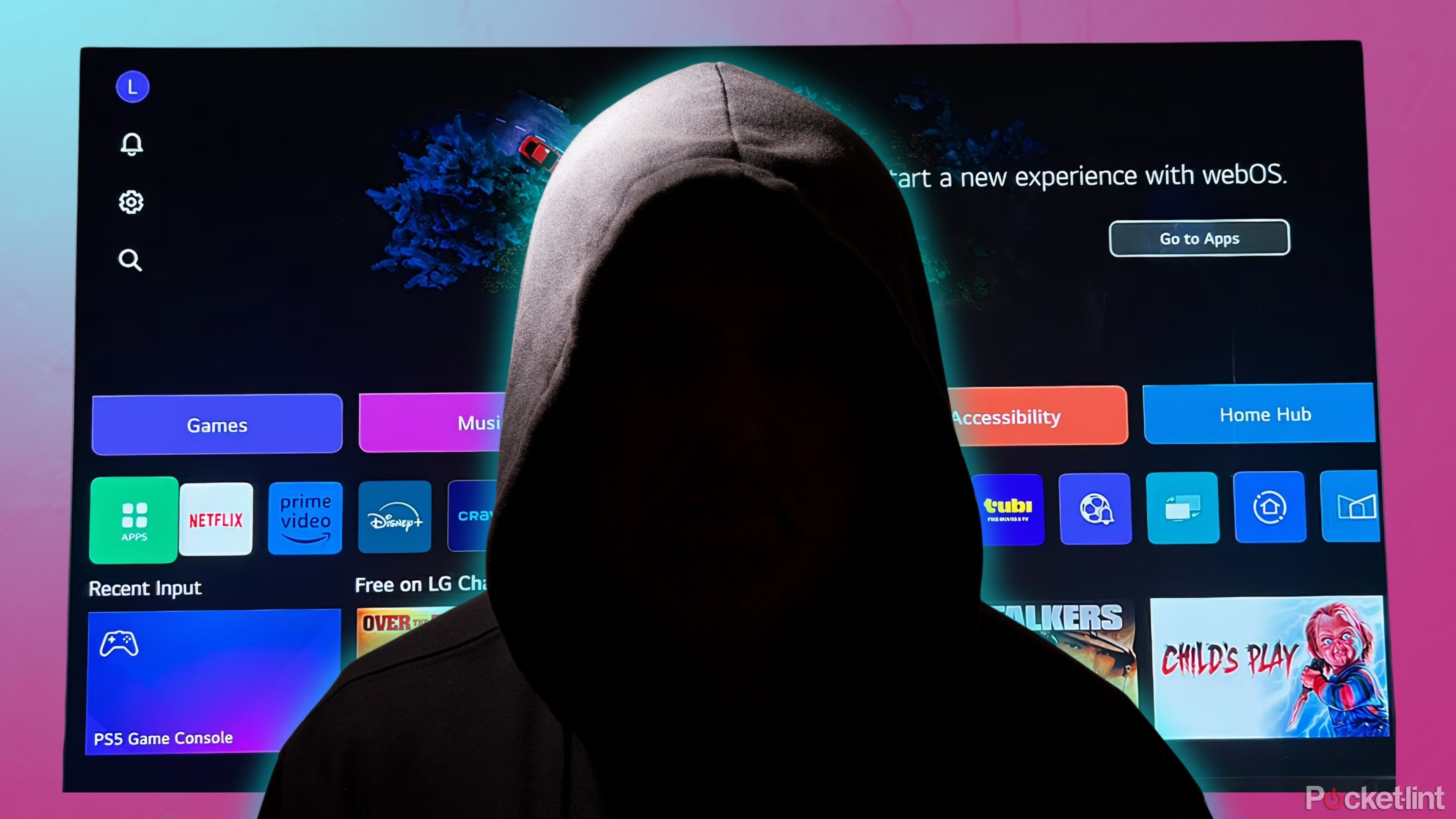 Homescreen of an LG smart TV with a shadowed figure in front of it.