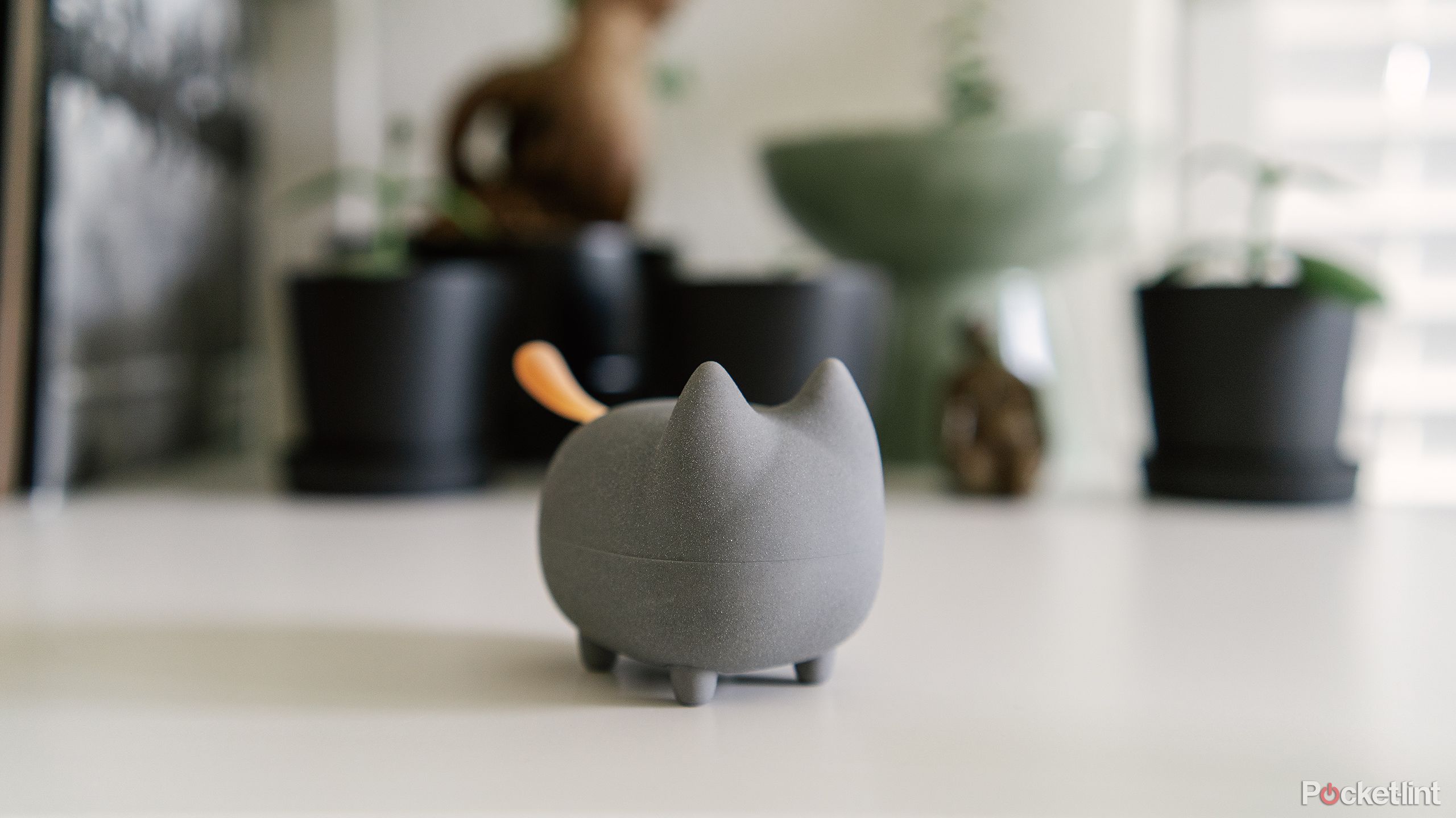 The Gingo Kitty Speaker sits on a white shelf in front of potted plants. 