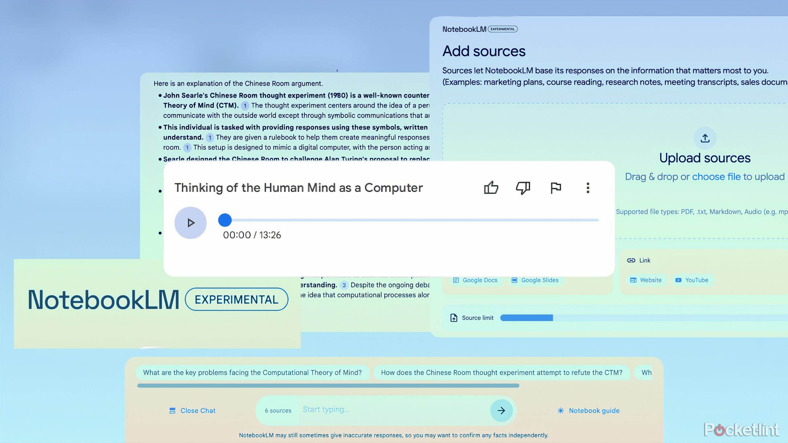 A NotebookLM Audio Overview player other components of NotebookLM like the source uploader and text chat box.