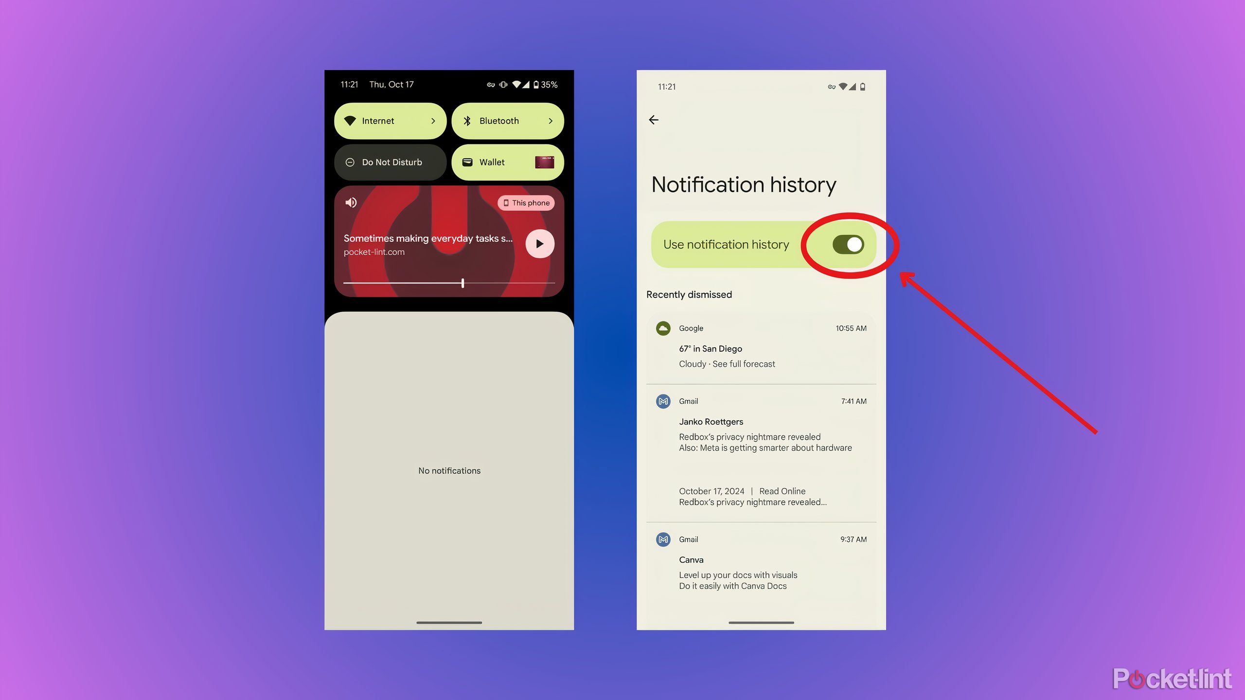 Screenshots showing Notification History in Android settings.