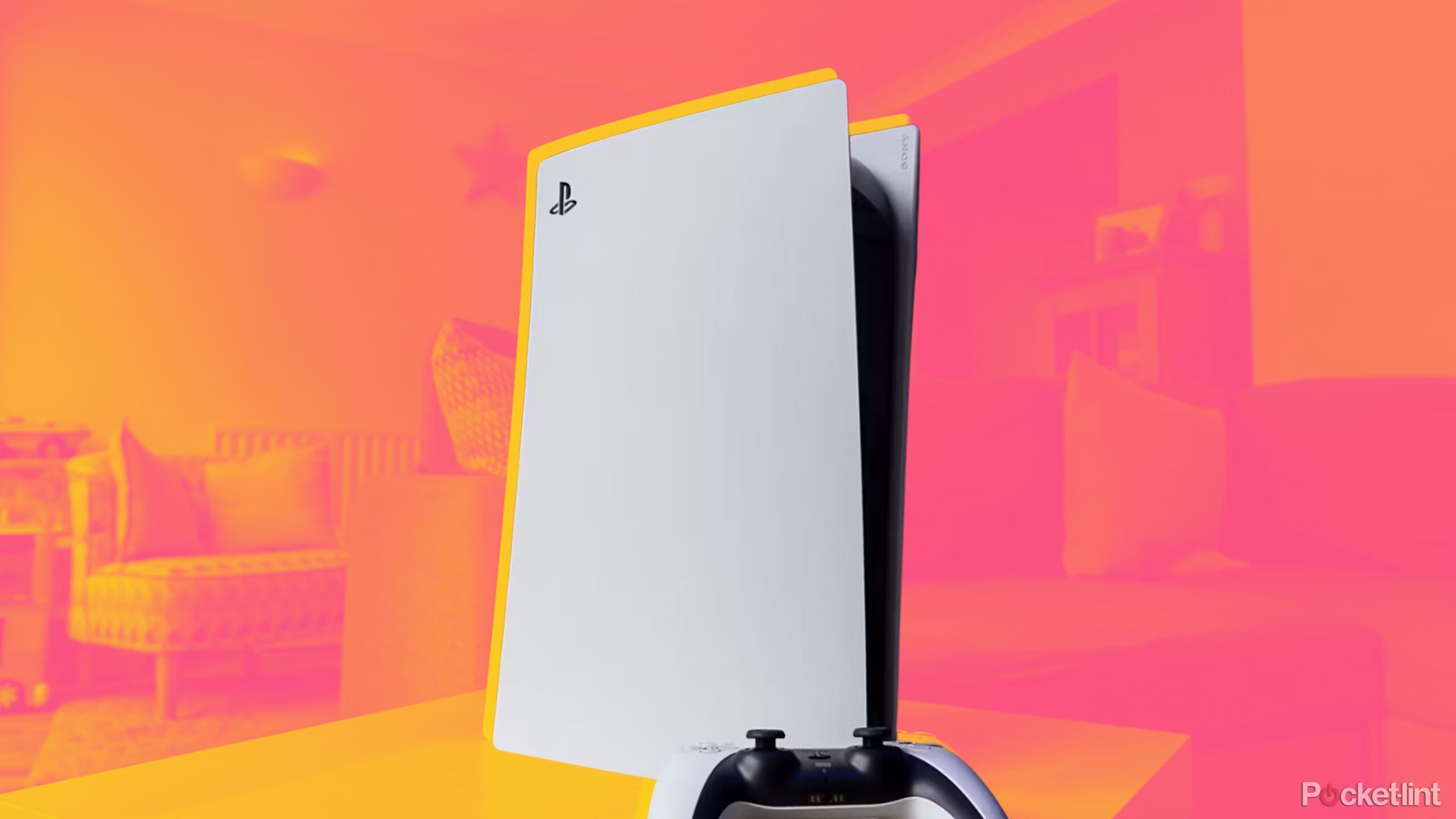 PS5 and controller on colored background