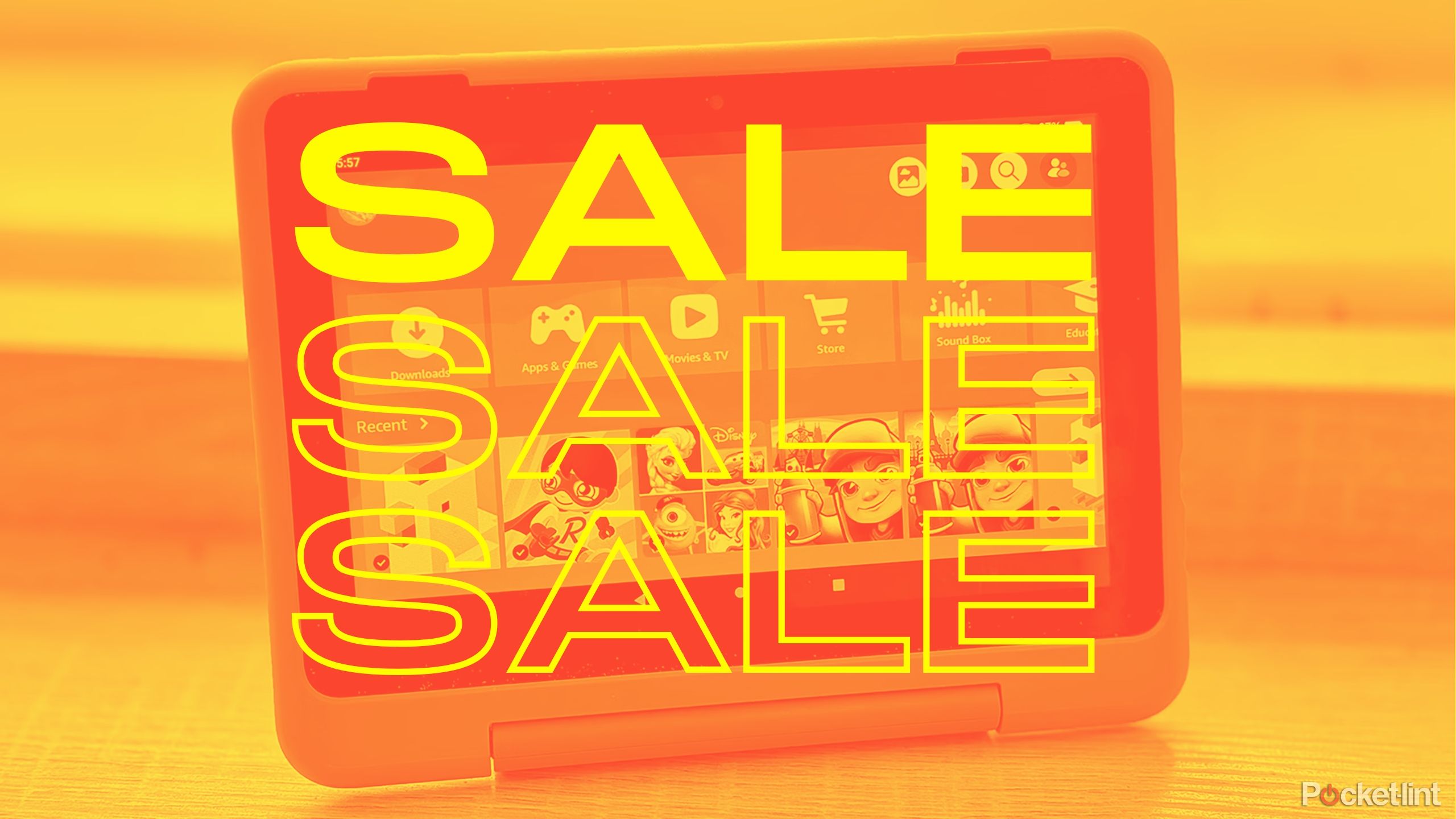 Sale text over an image of an Amazon Fire kids tablet on a colored background