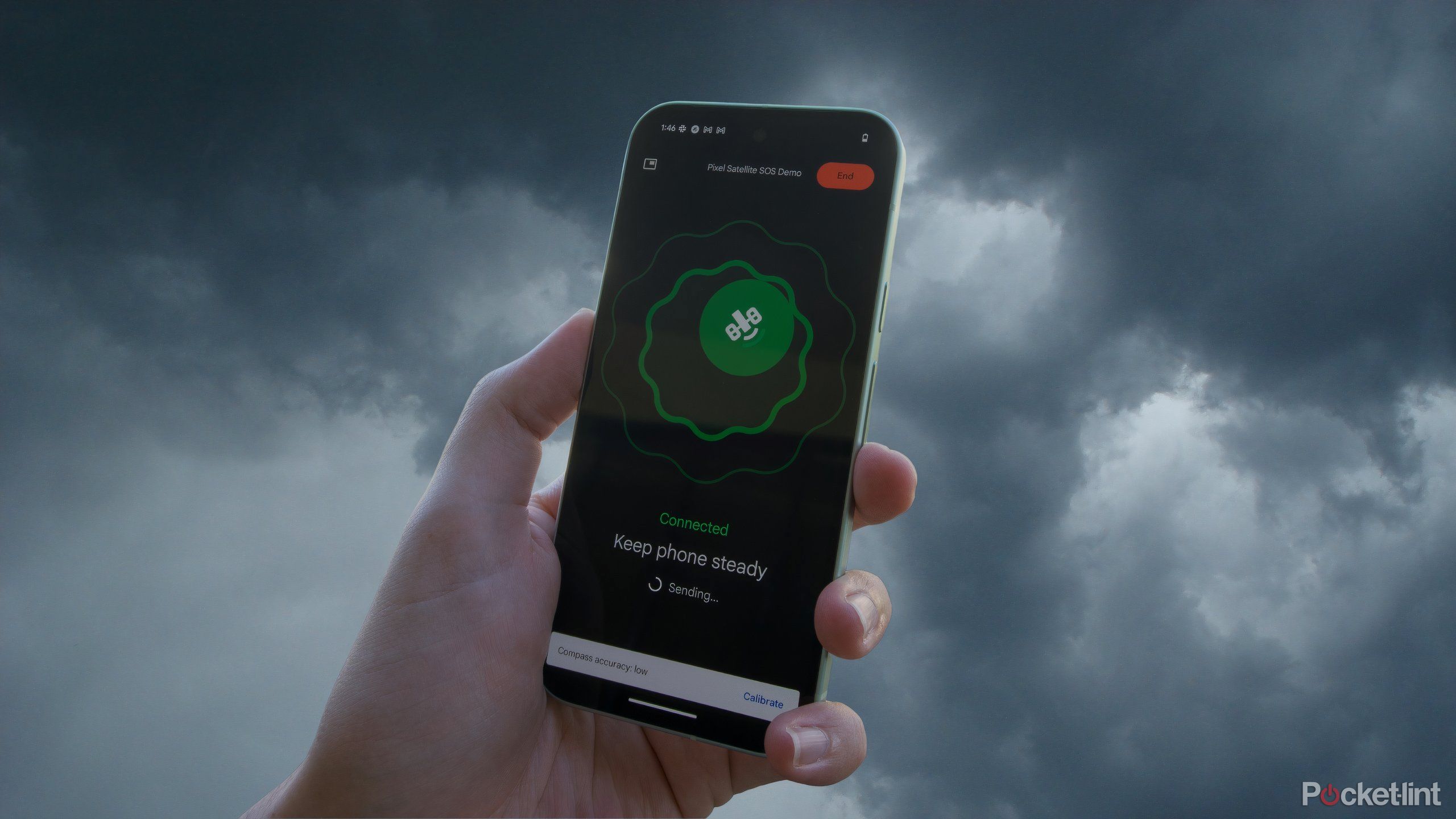 Using Satellite SOS on a Pixel 9 over a storm cloud background.