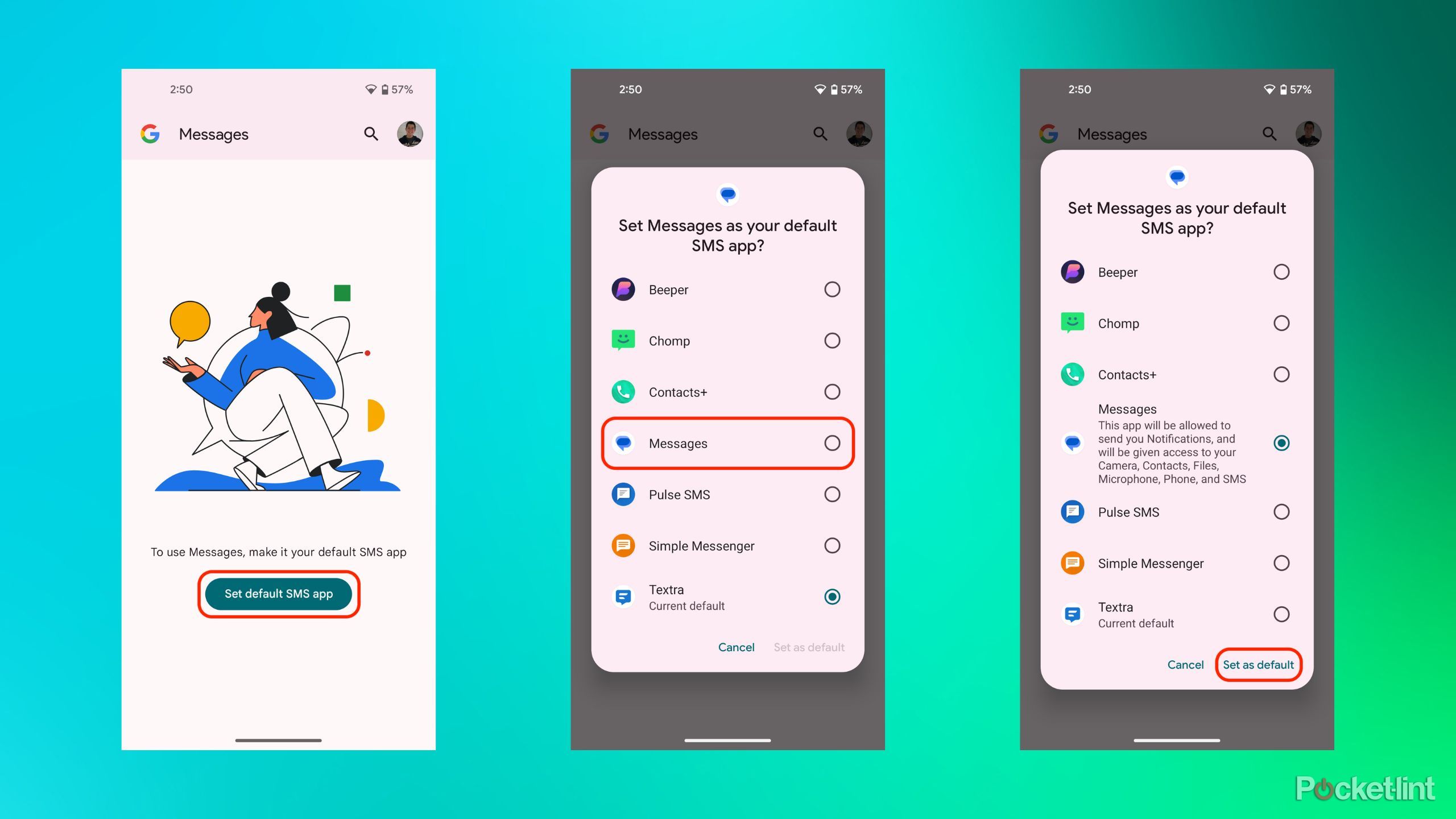 Follow these steps to switch your default Android text messaging app