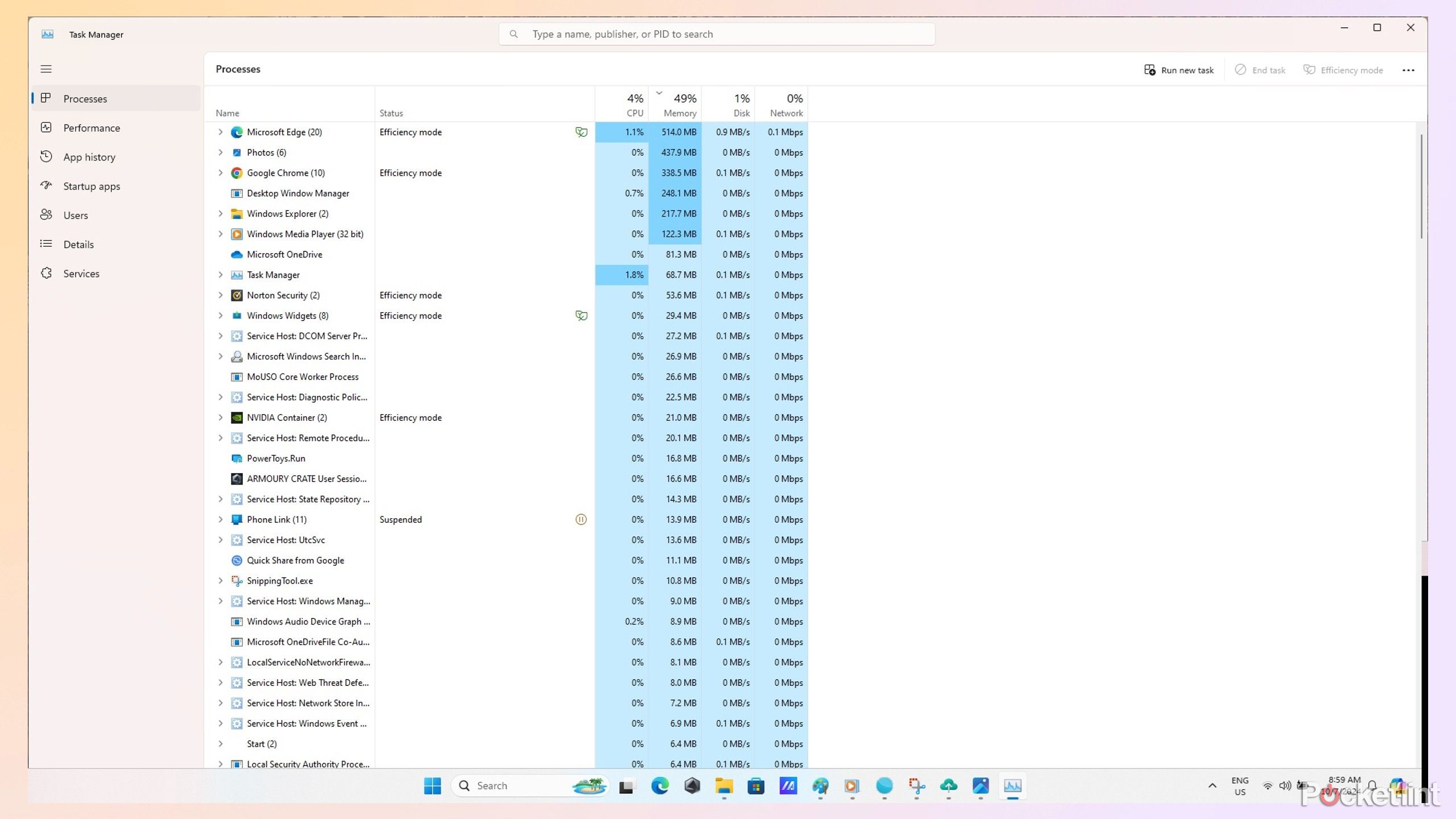 Task Manager open on a Windows 11 PC.