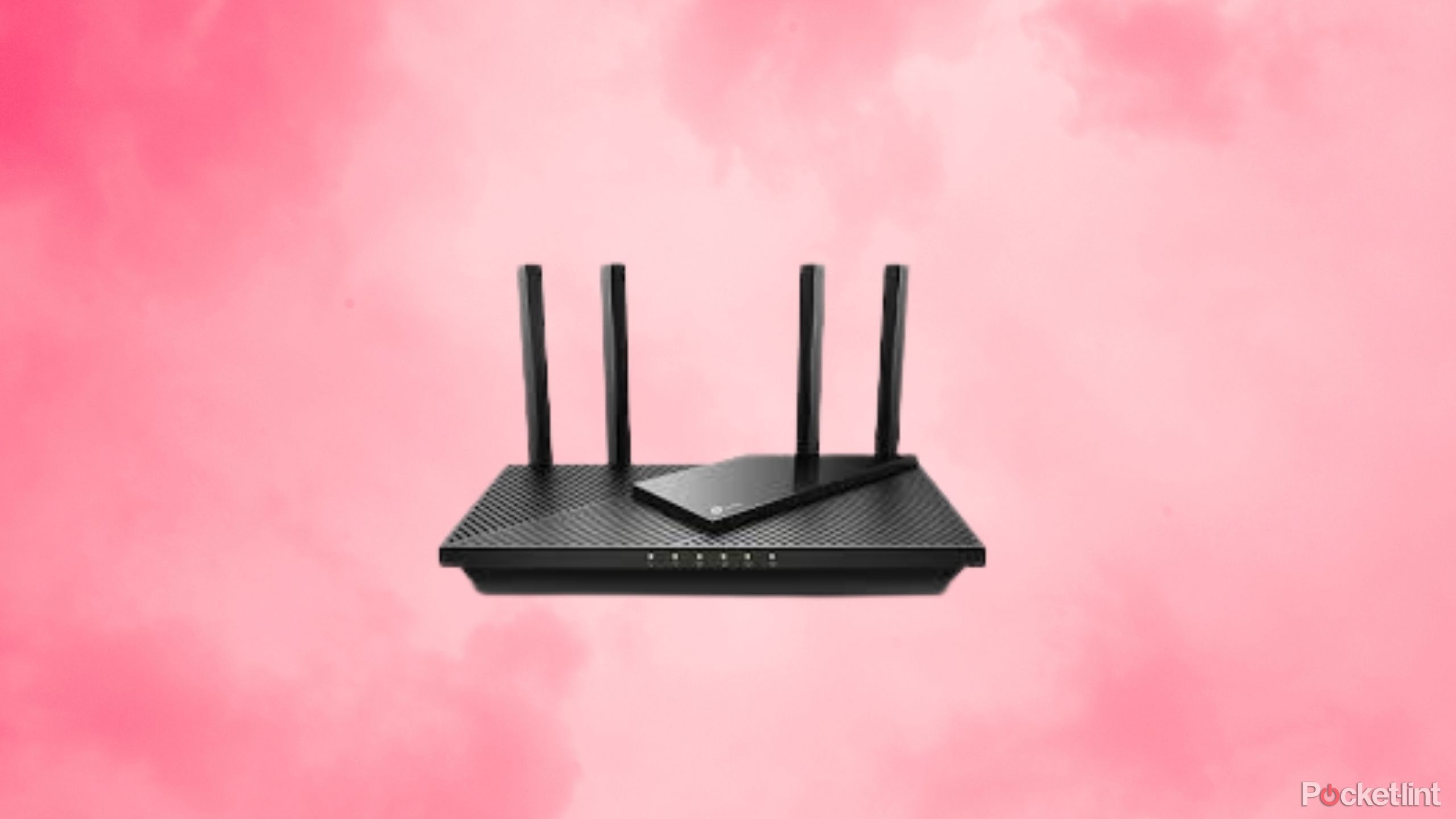 A render of the TP-Link Archer AX55 wireless router on a background. The background is of pink clouds. 