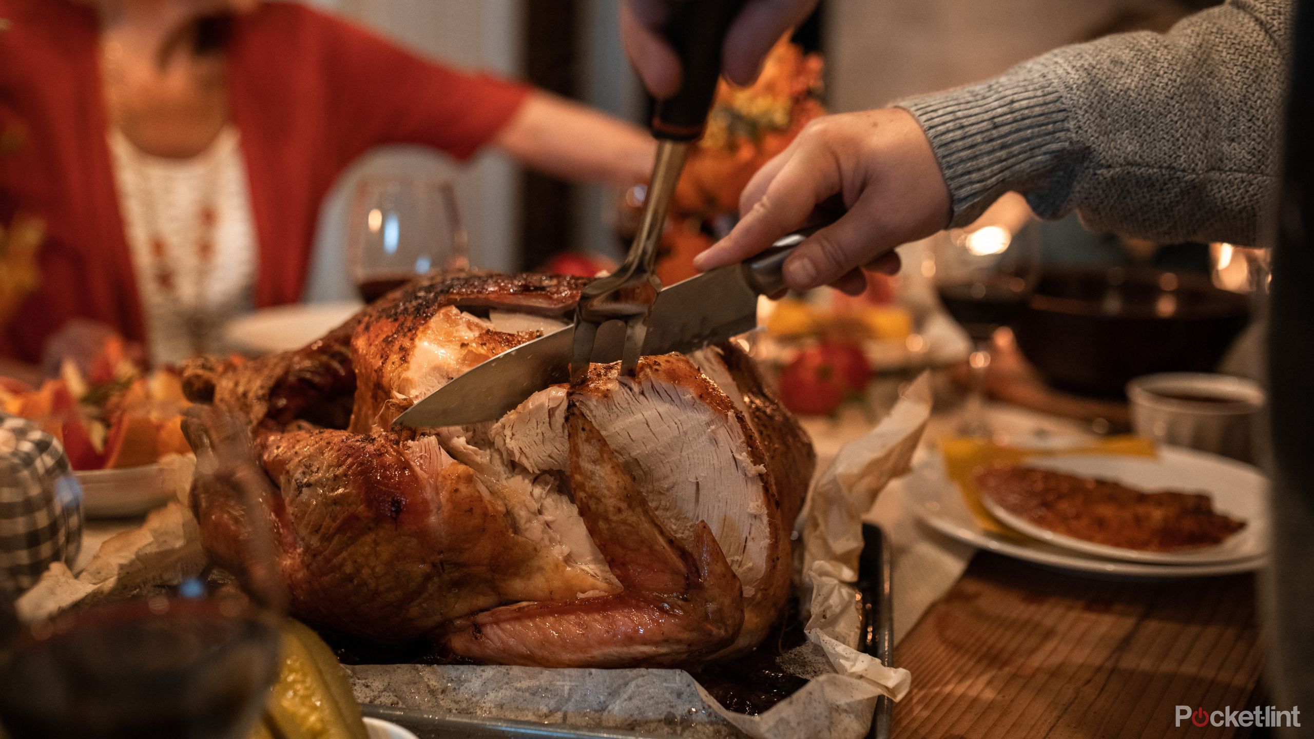 Someone carving a turkey. 