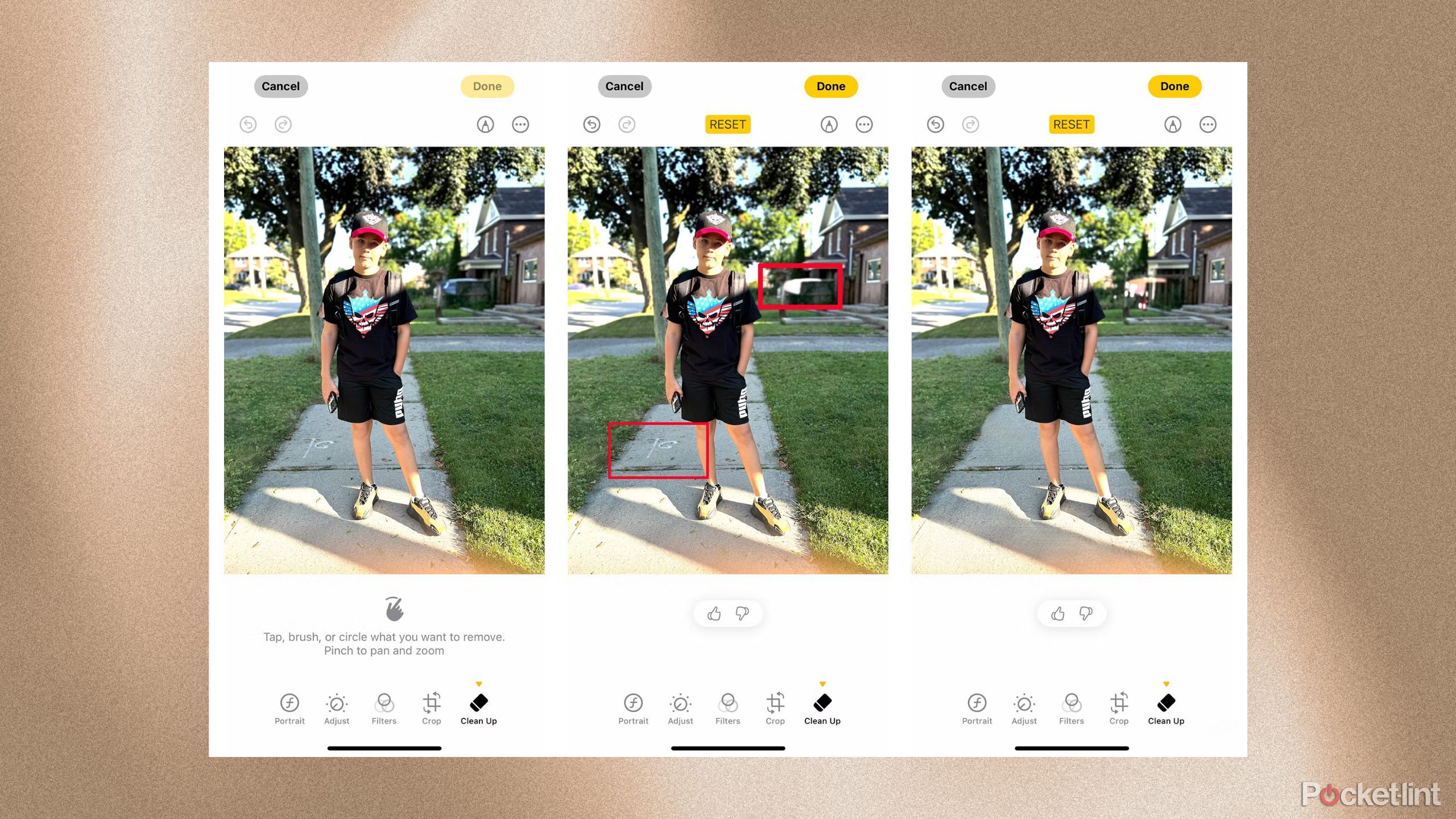 Three images of a young boy outside showing Apple Clean Up menu to remove elements.