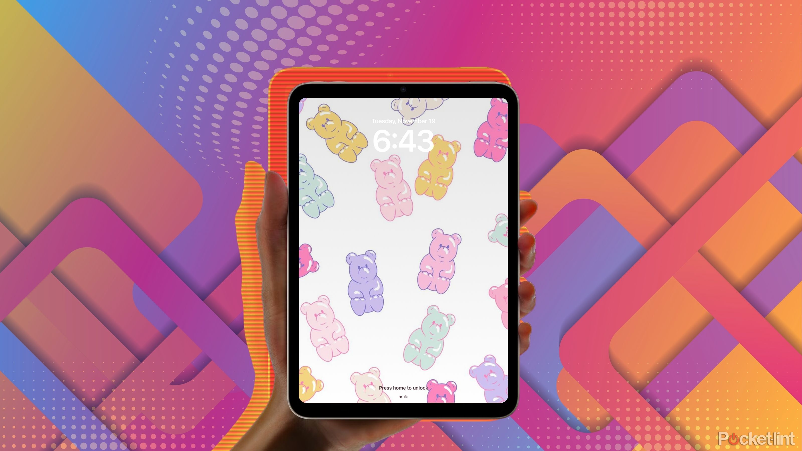 Colorful bears on an iPad lockscreen. 