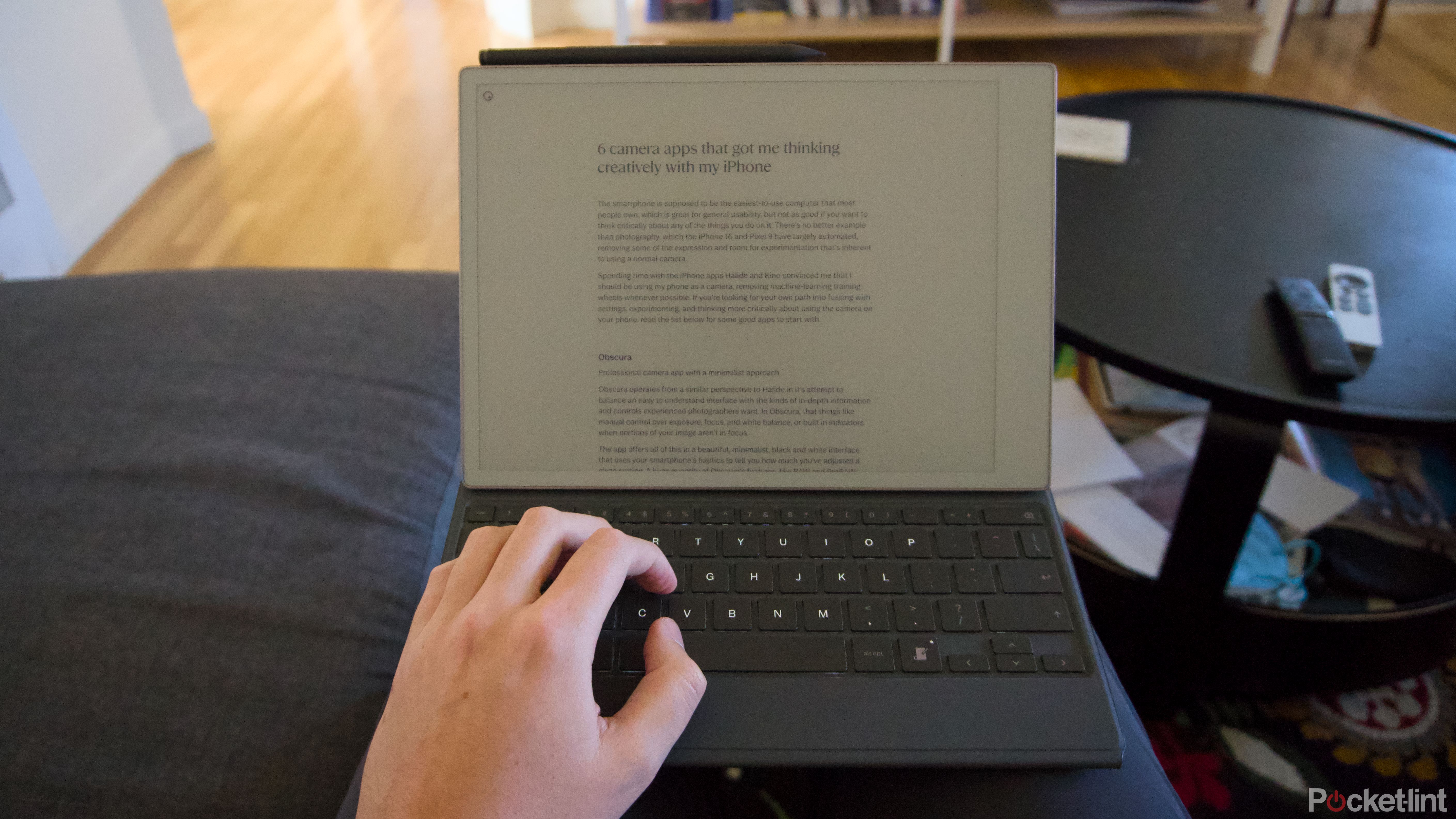 Typing on a reMarkable Paper Pro with a Type Folio case.