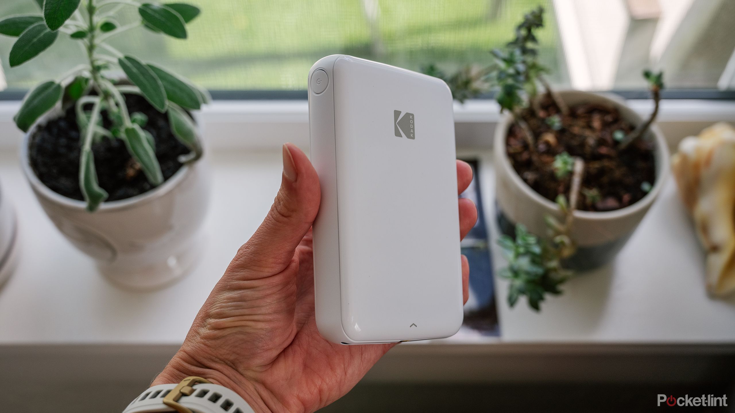 A hand holds the Kodak Step Mobile Photo Printer over a windowsill with plants. 