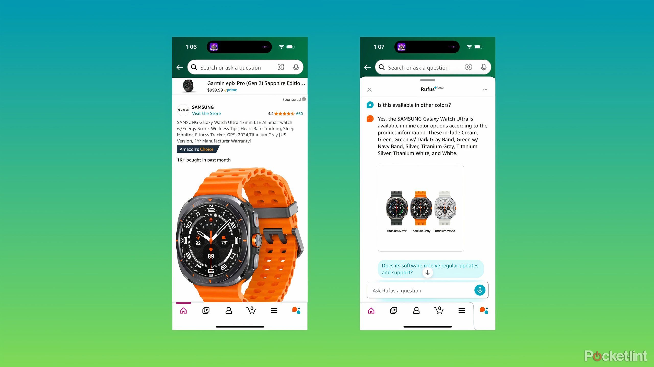 Two screenshots from the Amazon Shopping app showing Rufus answering questions about a Samsung smartwatch.