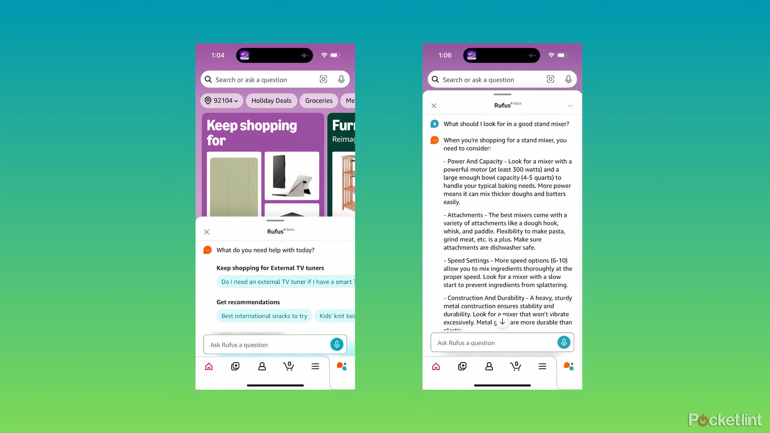 Two screenshots from the Amazon Shopping app showing Rufus answering questions about stand mixers.