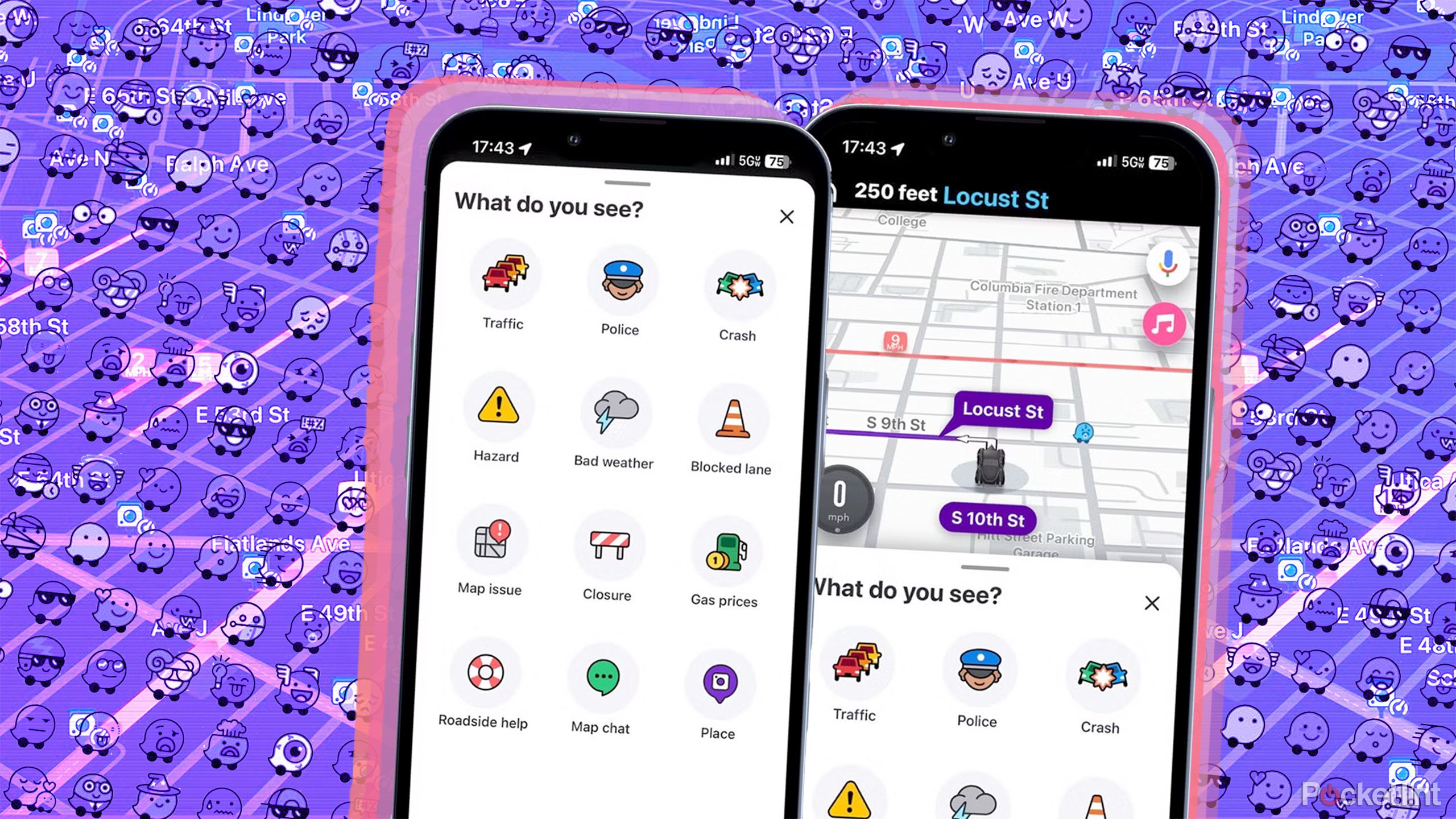 Two renderings of phones with Waze apps open. 