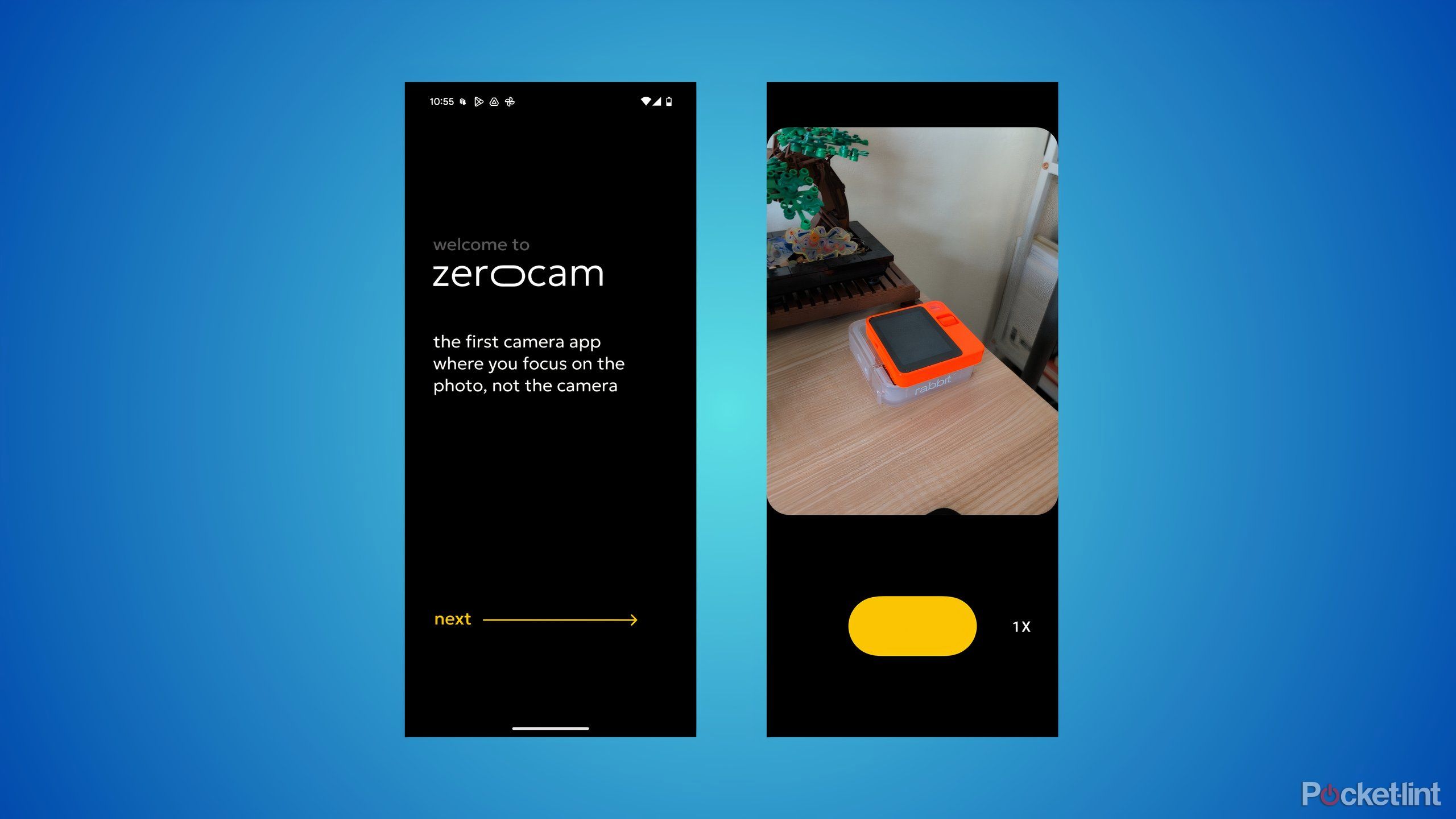 Two screenshots from the Zerocam app for Android showing a setup screen and the main viewfinder screen.