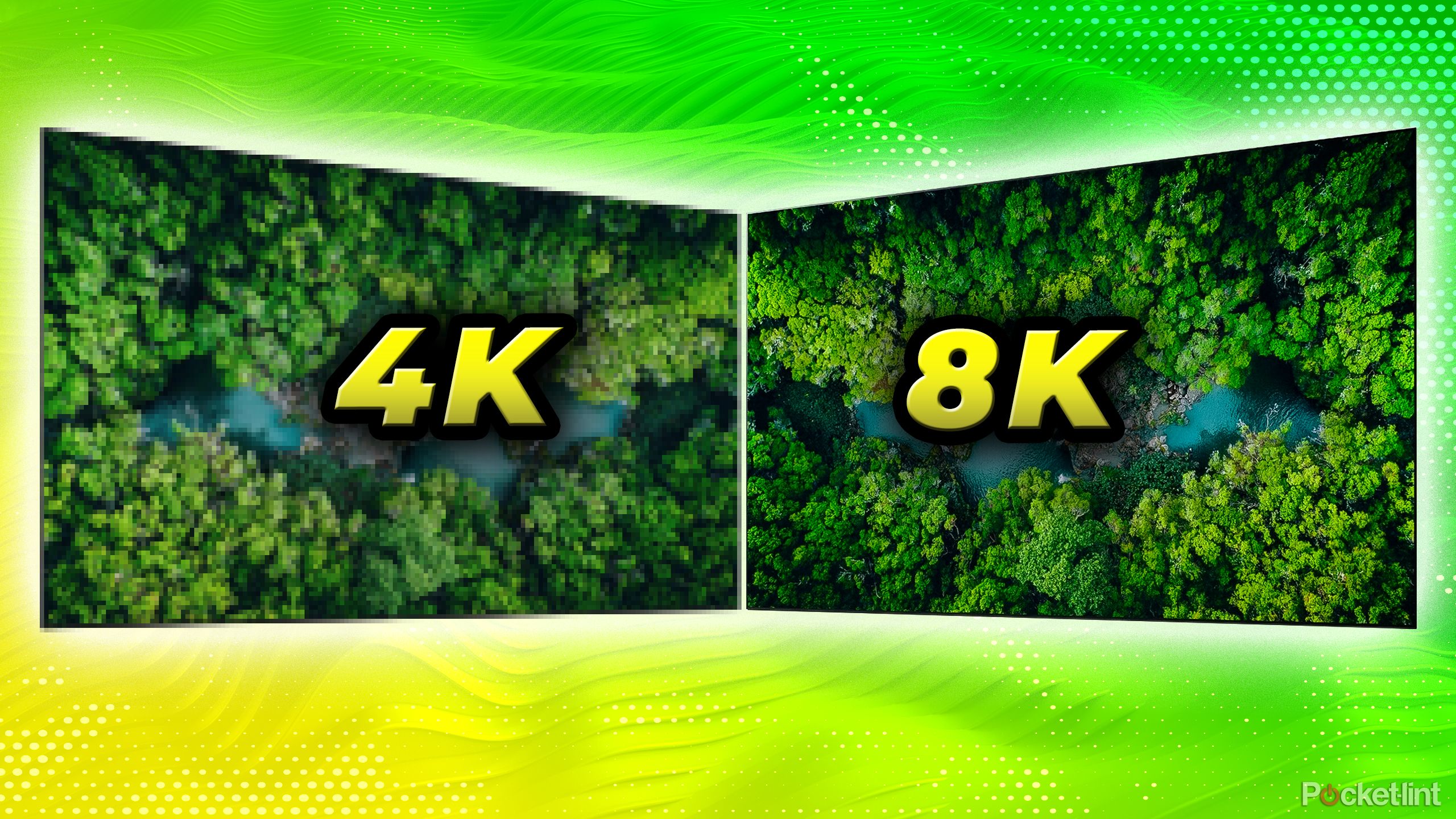 A 4K TV compared to an 8K one with an exaggerated pixelation. 