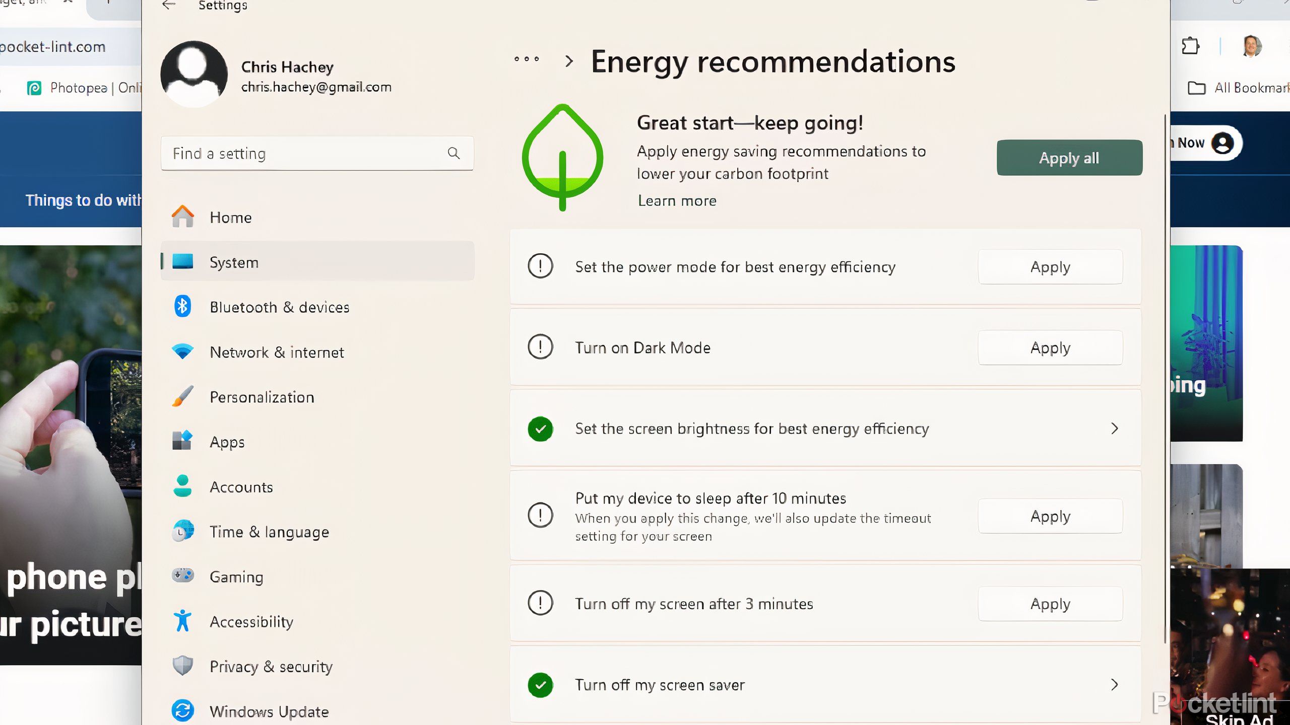 Windows energy recommendations menu. 