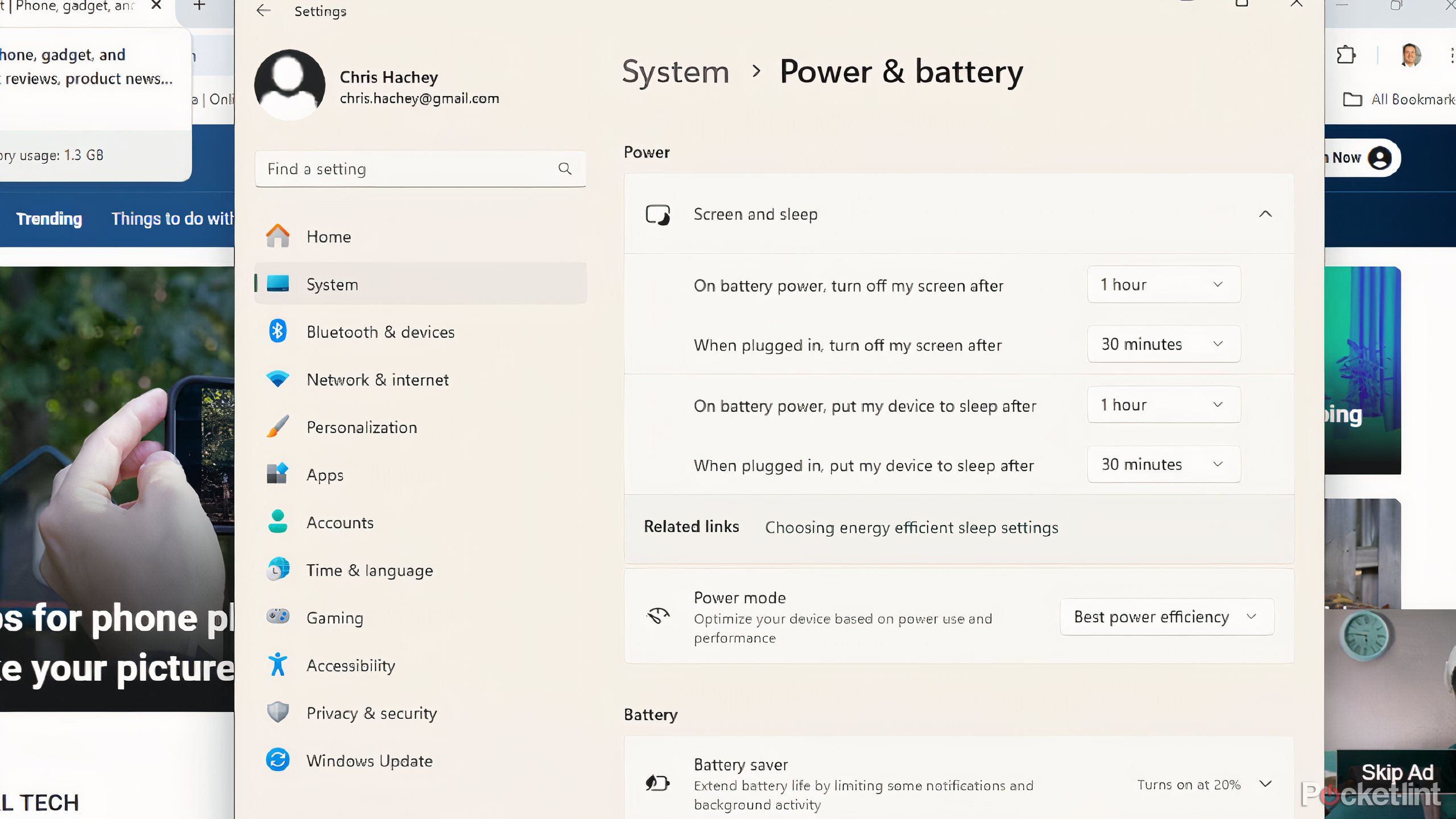 Windows power and screen settings. 