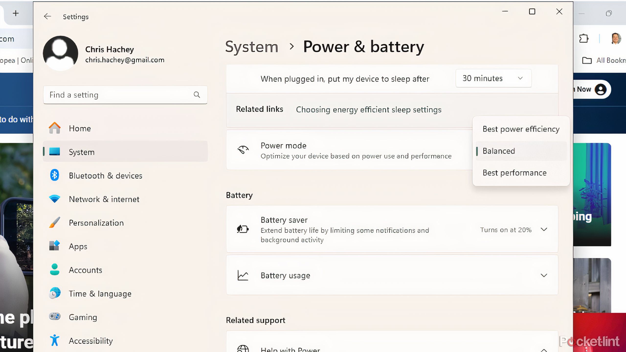 Windows power mode settings. 