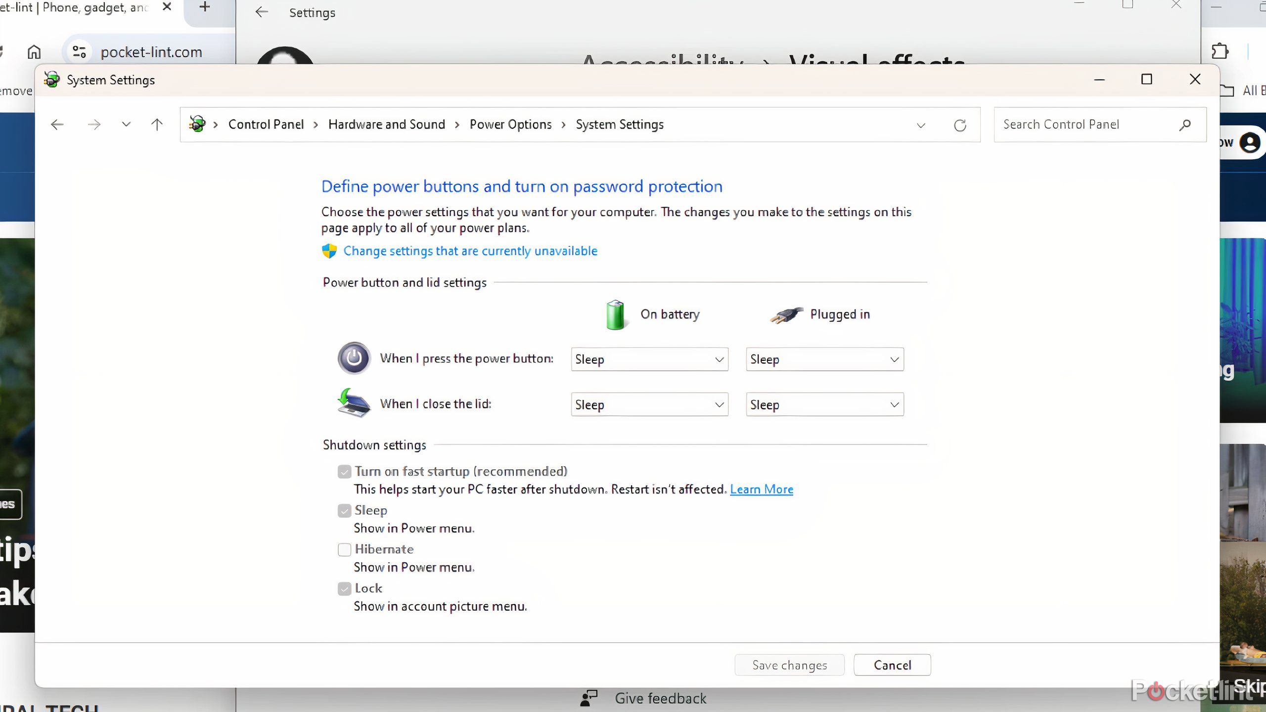 Windows control panel system settings. 