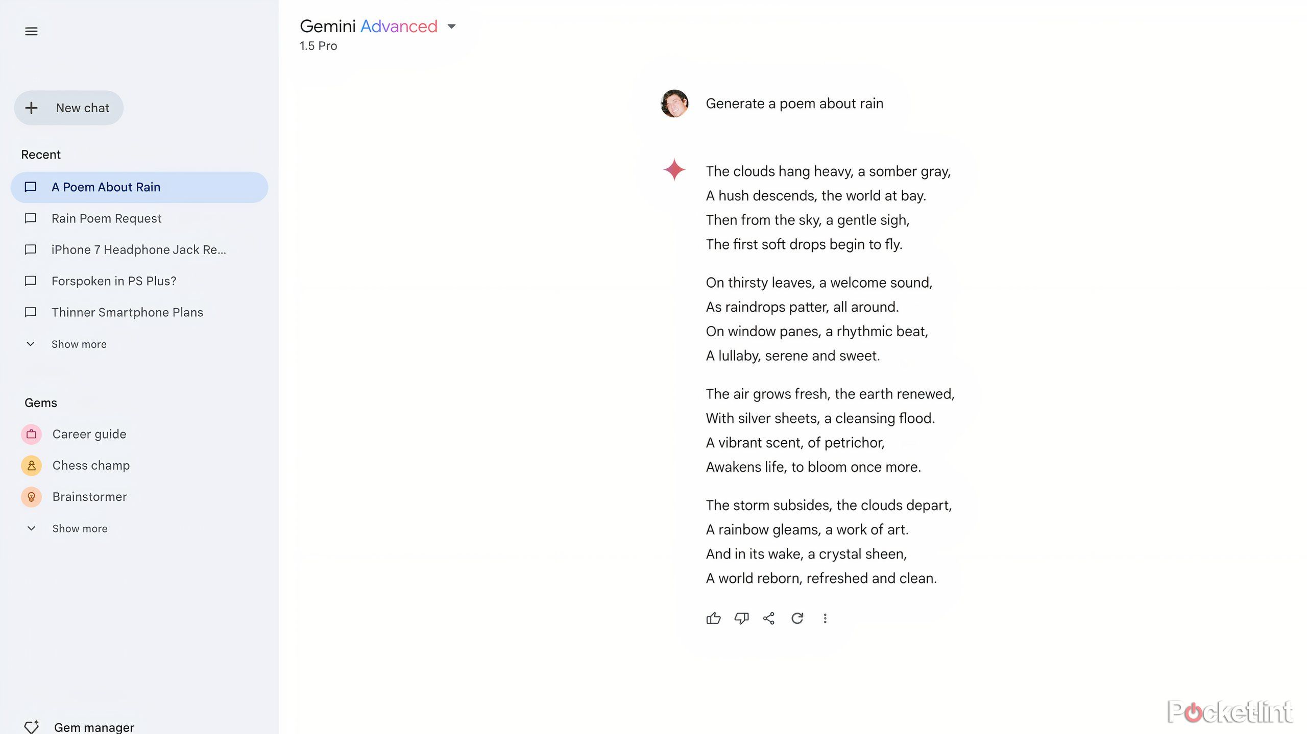 Gemini generating a poem about rain.