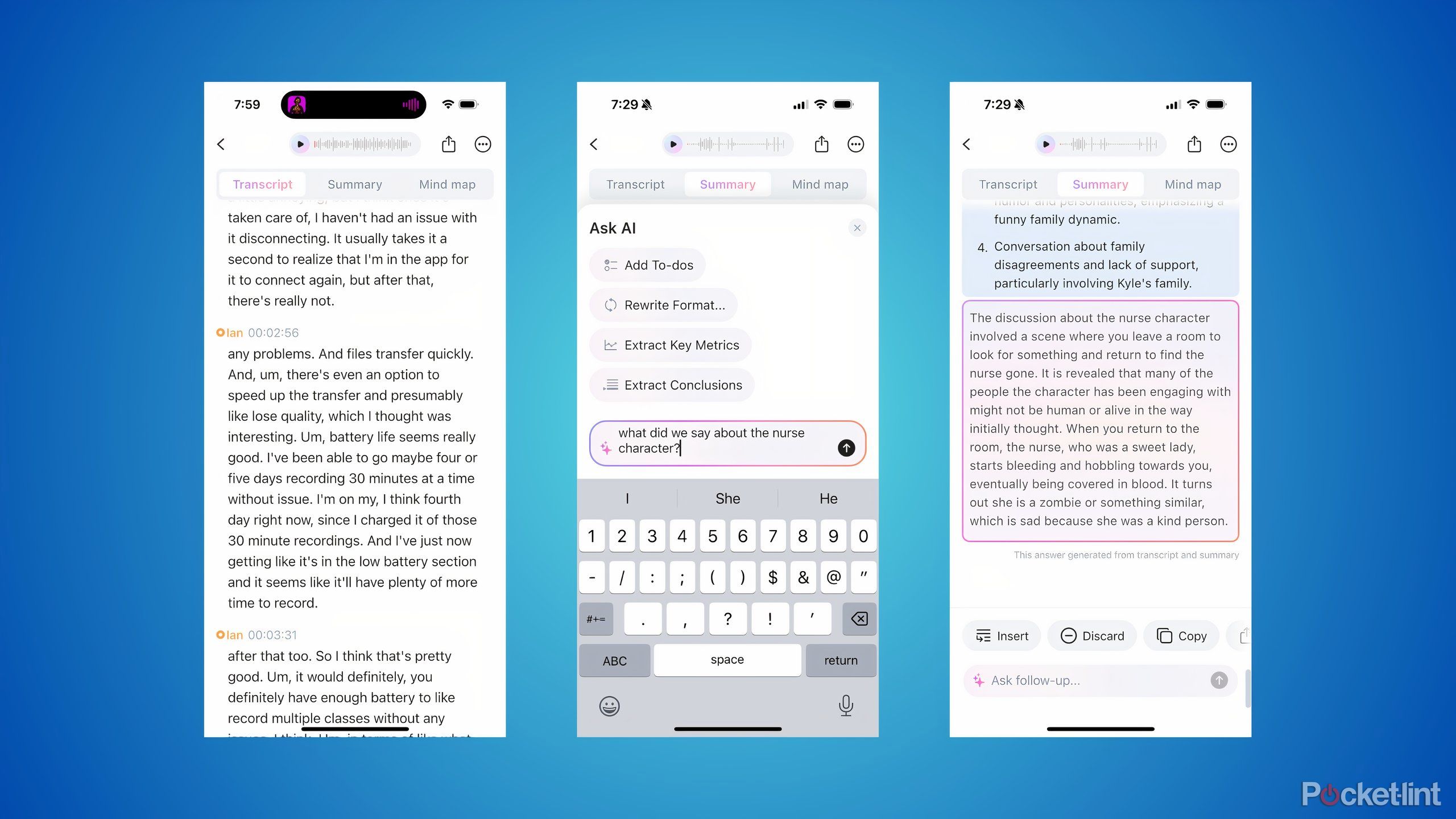 Three screenshots showing a transcript, the Ask AI feature in the Plaud app, and the response it generated.